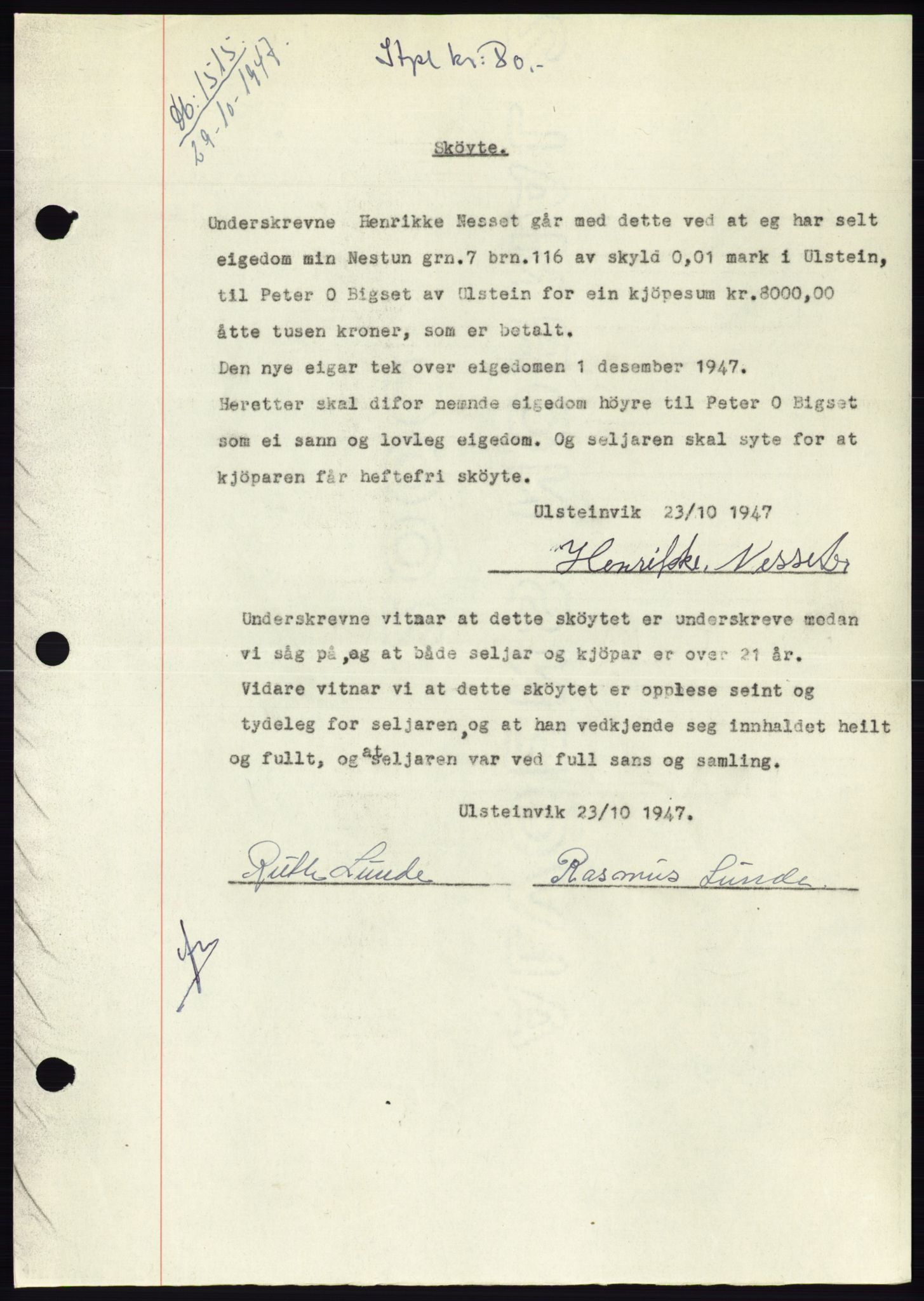 Søre Sunnmøre sorenskriveri, SAT/A-4122/1/2/2C/L0081: Pantebok nr. 7A, 1947-1948, Dagboknr: 1515/1947