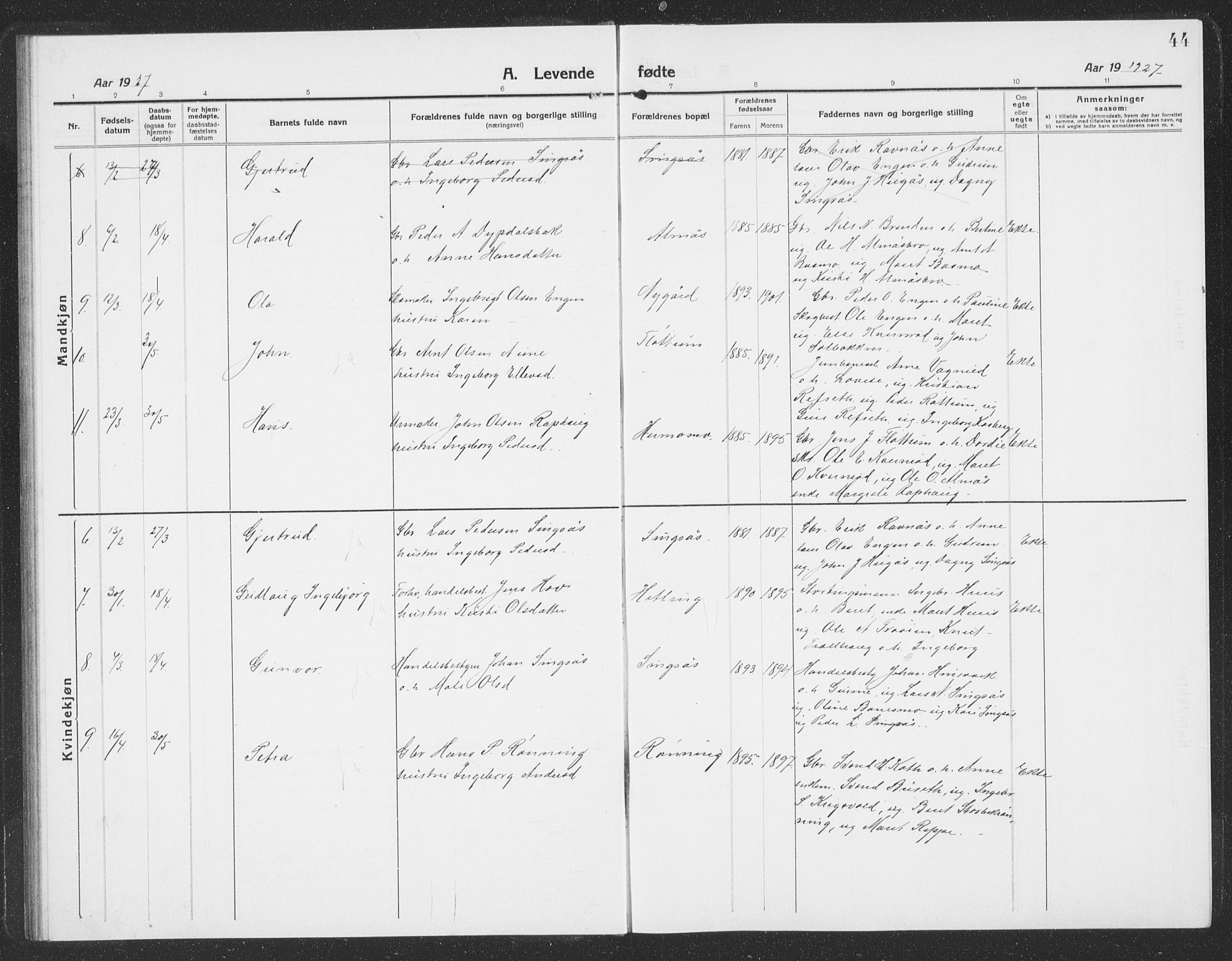 Ministerialprotokoller, klokkerbøker og fødselsregistre - Sør-Trøndelag, AV/SAT-A-1456/688/L1030: Klokkerbok nr. 688C05, 1916-1939, s. 44