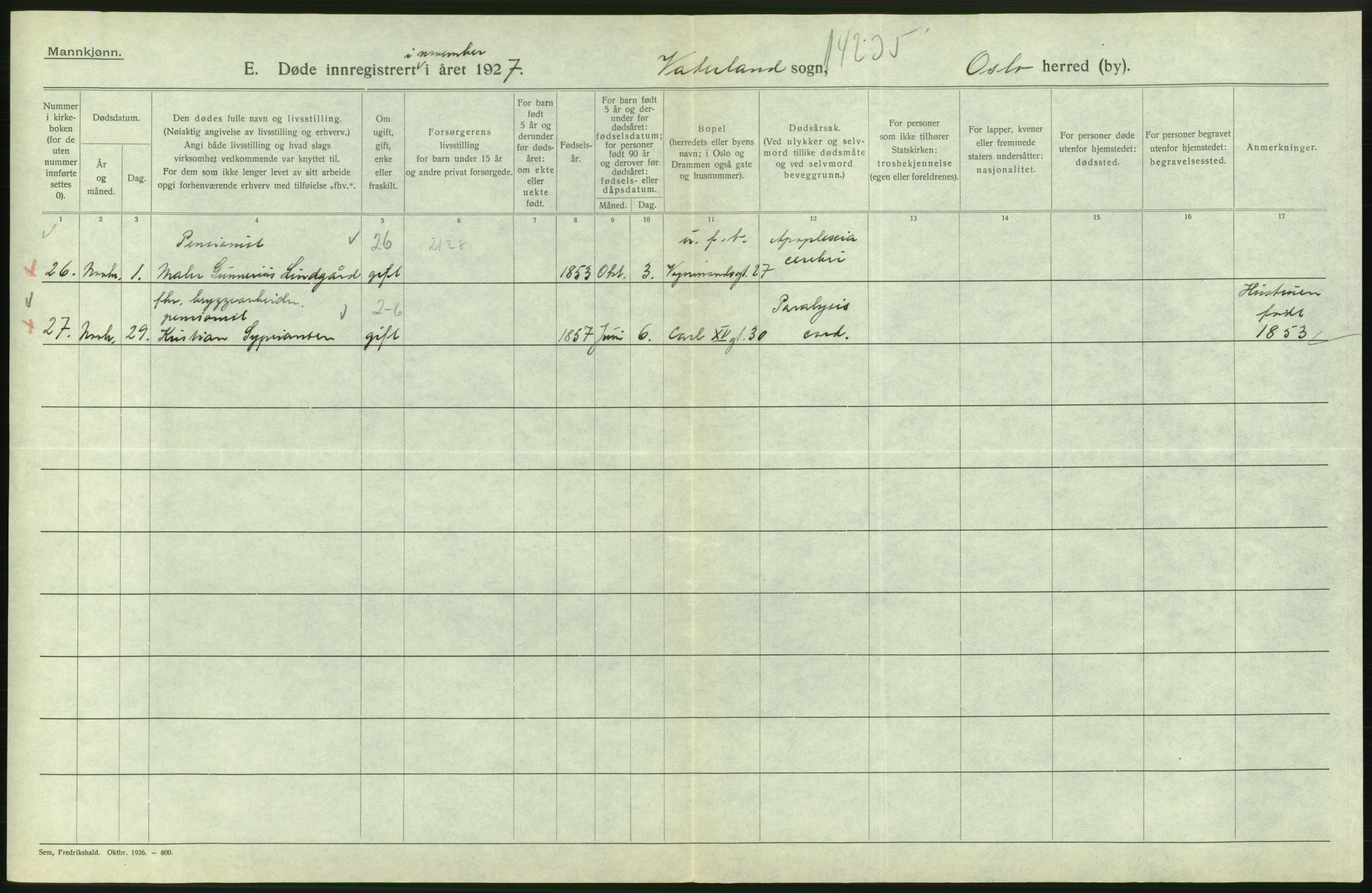 Statistisk sentralbyrå, Sosiodemografiske emner, Befolkning, AV/RA-S-2228/D/Df/Dfc/Dfcg/L0009: Oslo: Døde menn, 1927, s. 592