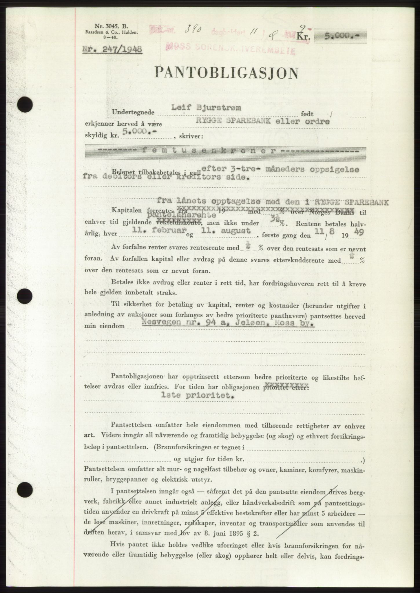 Moss sorenskriveri, SAO/A-10168: Pantebok nr. B21, 1949-1949, Dagboknr: 390/1949