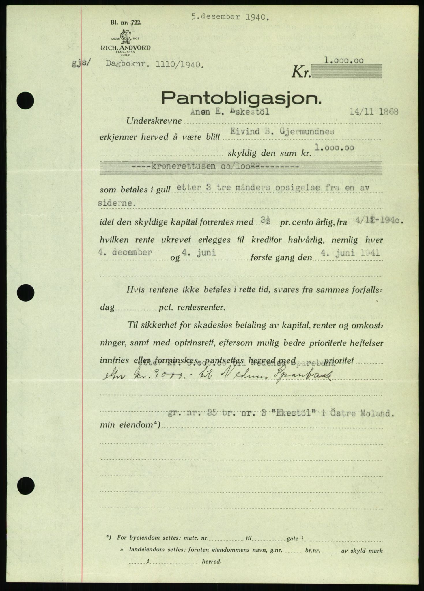 Nedenes sorenskriveri, SAK/1221-0006/G/Gb/Gbb/L0001: Pantebok nr. I, 1939-1942, Dagboknr: 1110/1940