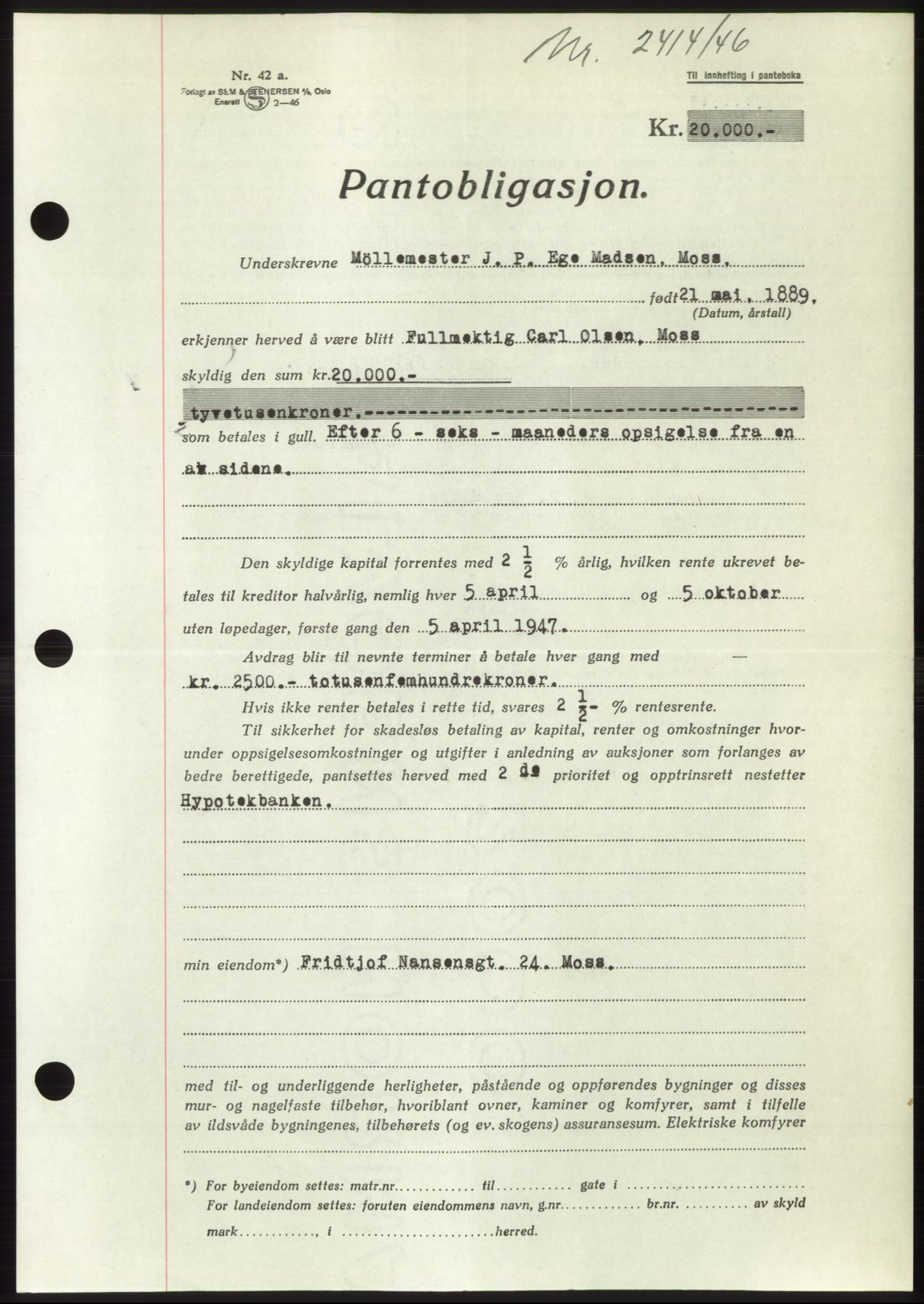Moss sorenskriveri, SAO/A-10168: Pantebok nr. B16, 1946-1947, Dagboknr: 2414/1946