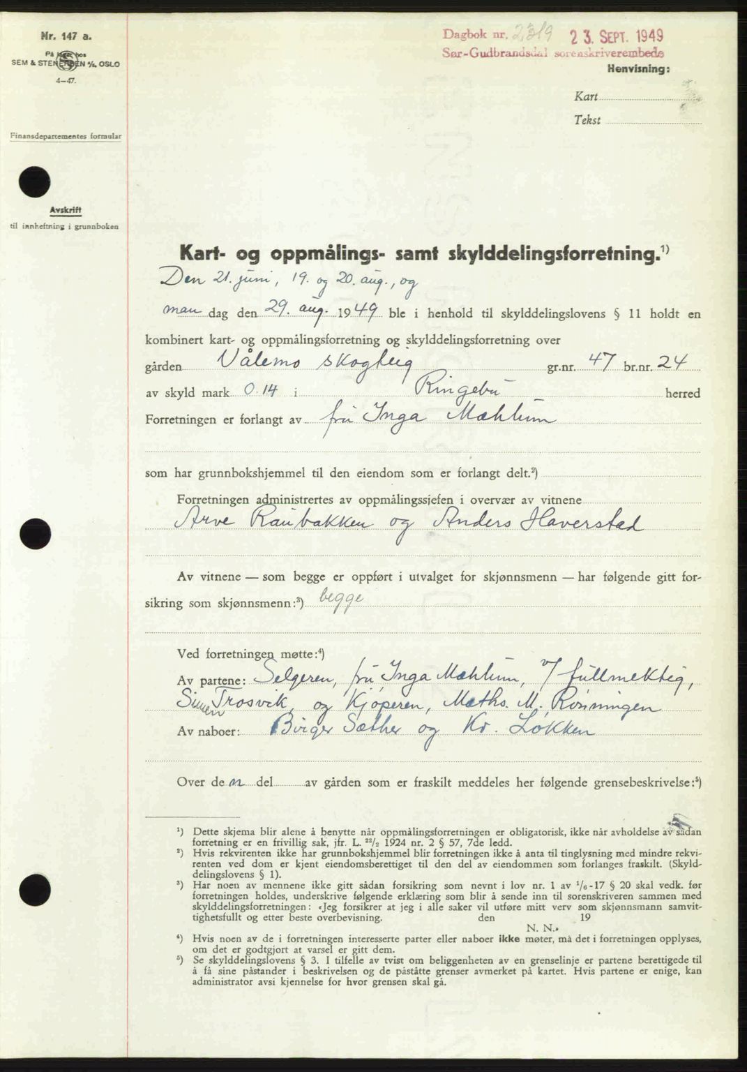 Sør-Gudbrandsdal tingrett, SAH/TING-004/H/Hb/Hbd/L0026: Pantebok nr. A26, 1949-1949, Dagboknr: 2319/1949