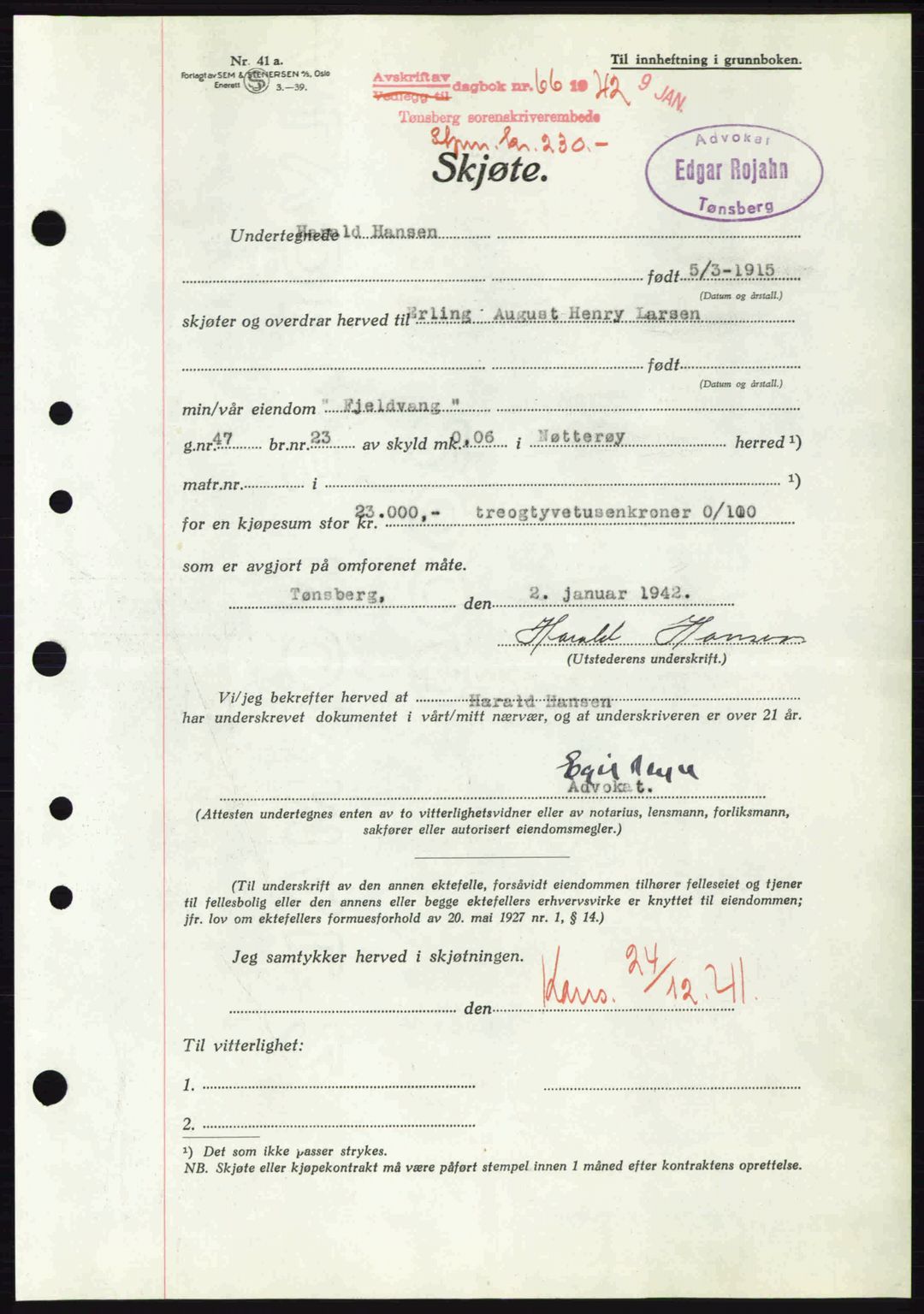 Tønsberg sorenskriveri, AV/SAKO-A-130/G/Ga/Gaa/L0011: Pantebok nr. A11, 1941-1942, Dagboknr: 66/1942