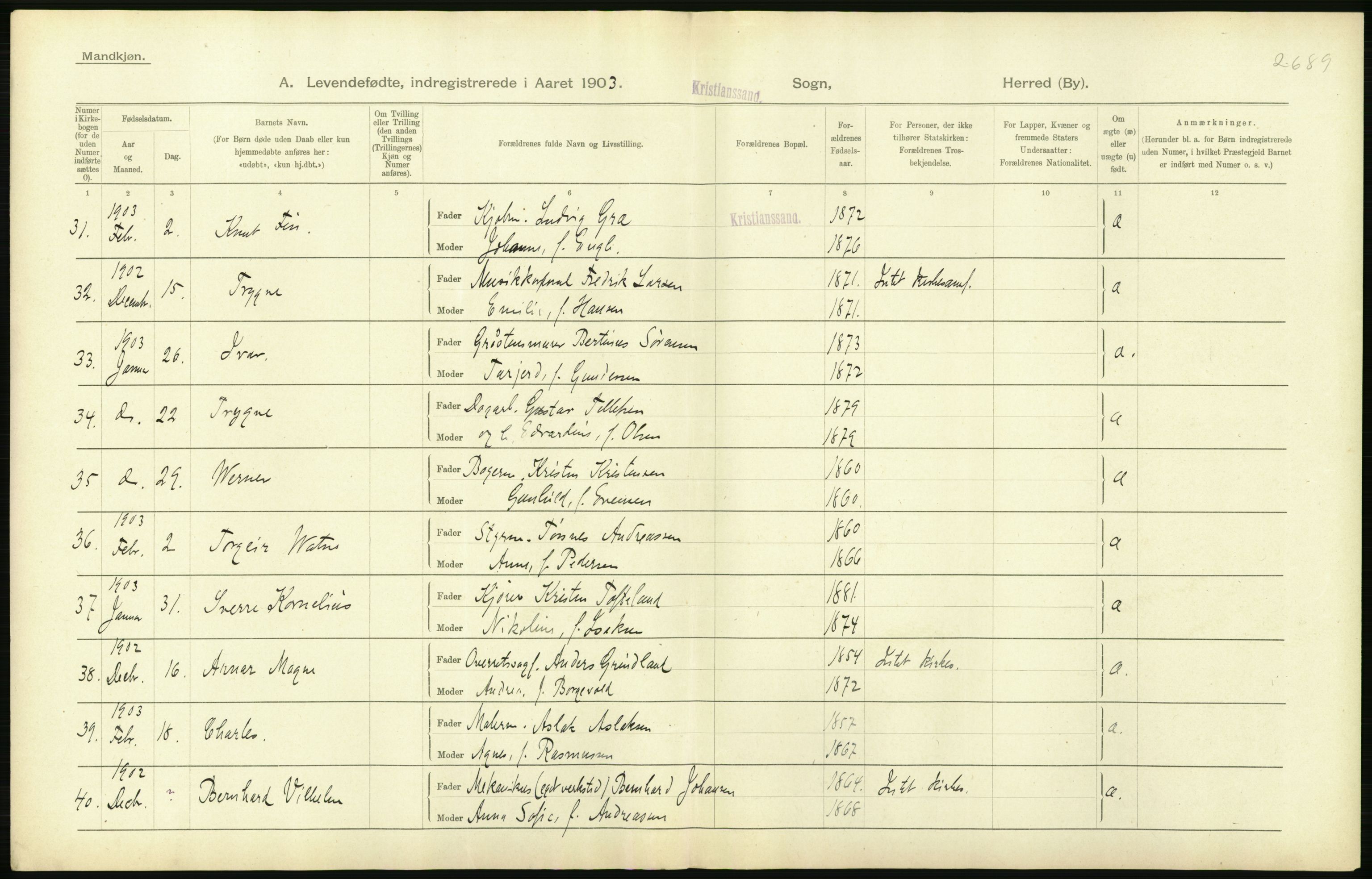 Statistisk sentralbyrå, Sosiodemografiske emner, Befolkning, AV/RA-S-2228/D/Df/Dfa/Dfaa/L0011: Lister og Mandal amt: Fødte, gifte, døde, 1903, s. 266