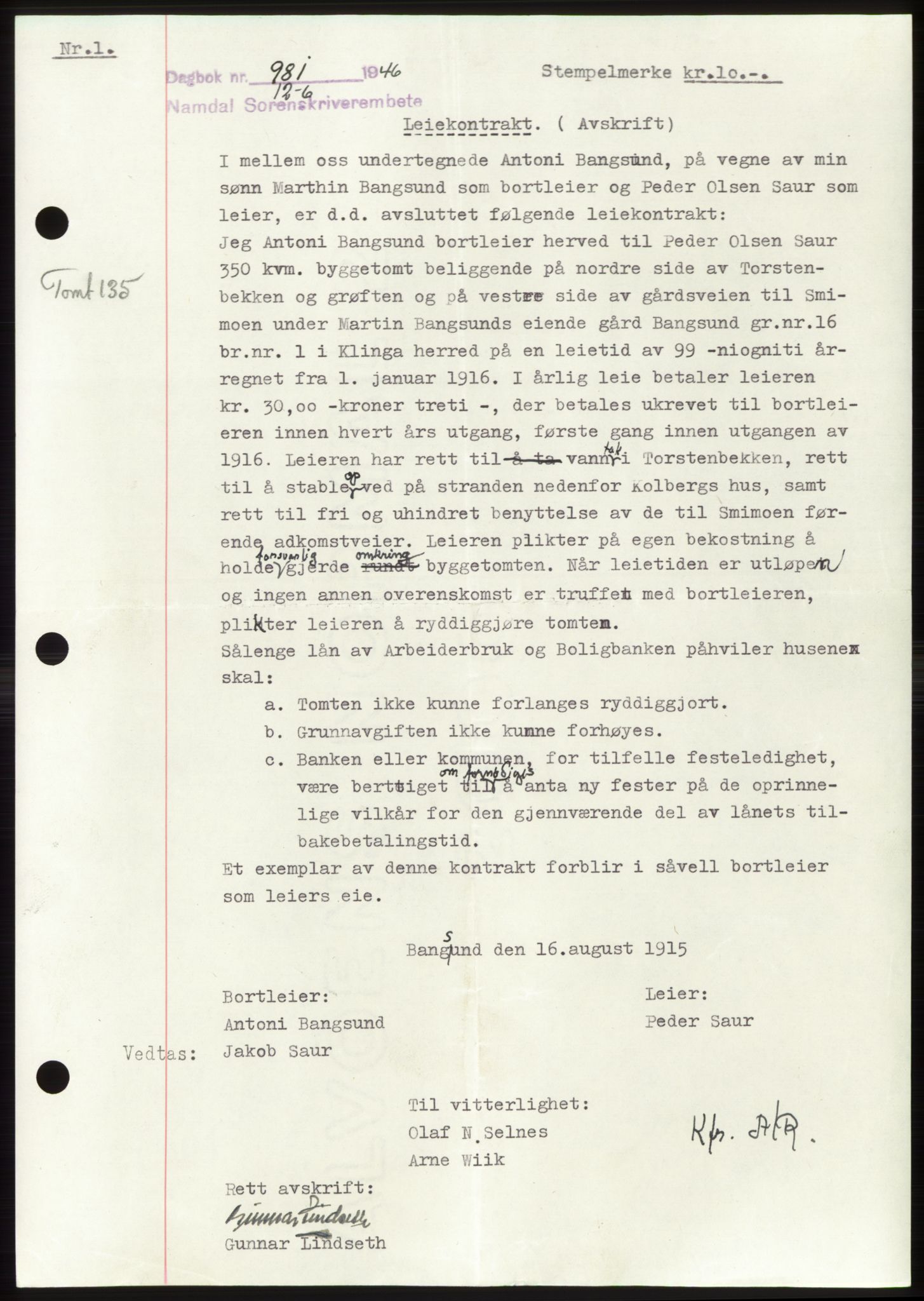 Namdal sorenskriveri, SAT/A-4133/1/2/2C: Pantebok nr. -, 1946-1946, Dagboknr: 981/1946