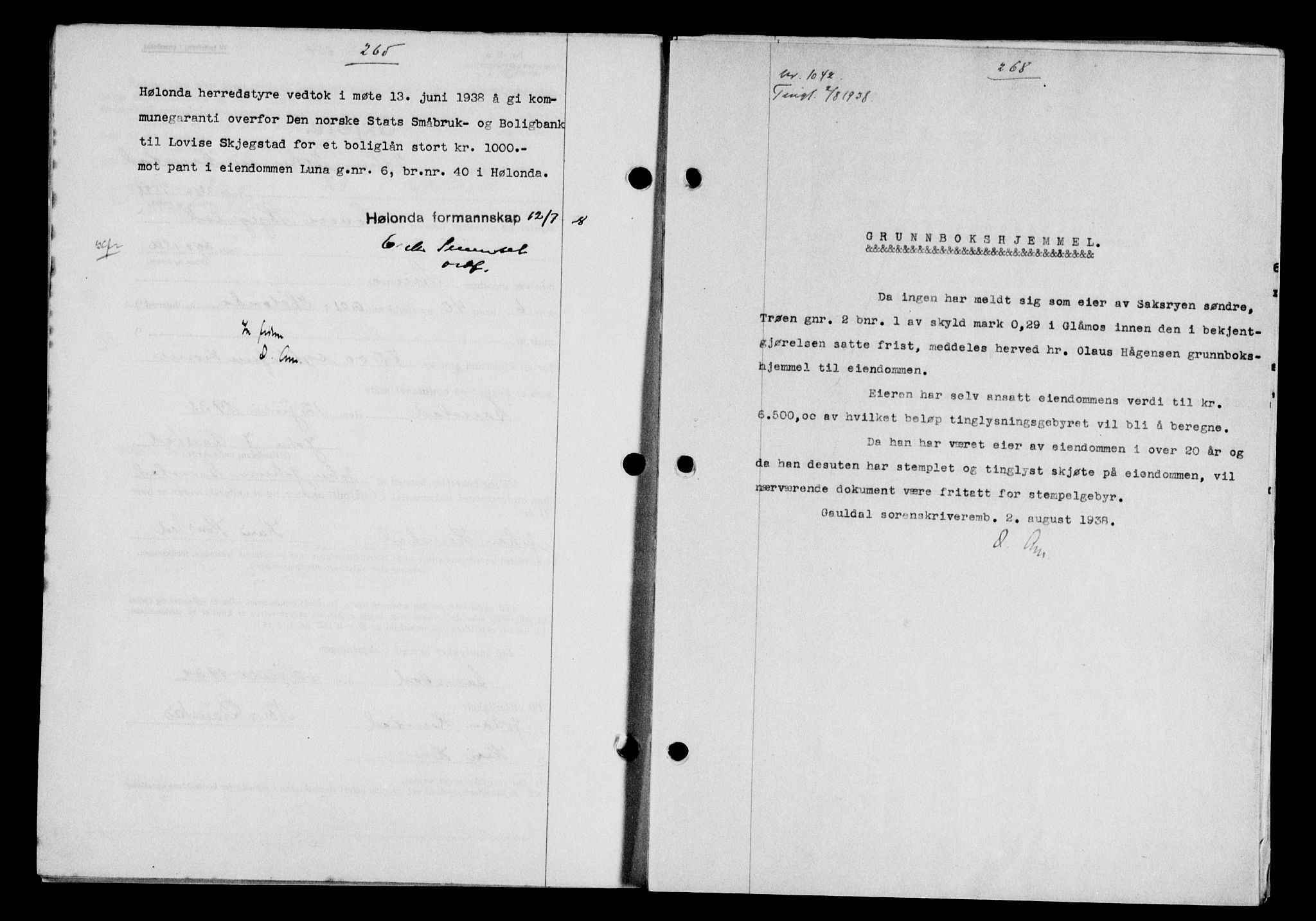 Gauldal sorenskriveri, SAT/A-0014/1/2/2C/L0049: Pantebok nr. 53, 1938-1938, Dagboknr: 1042/1938