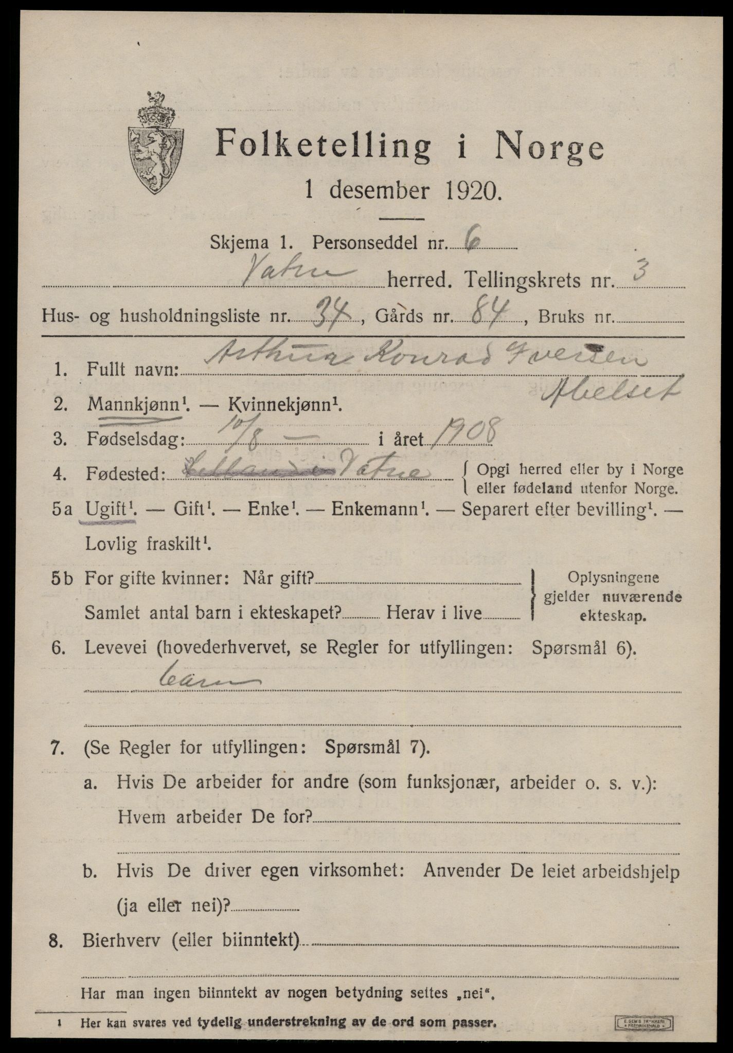 SAT, Folketelling 1920 for 1530 Vatne herred, 1920, s. 1798