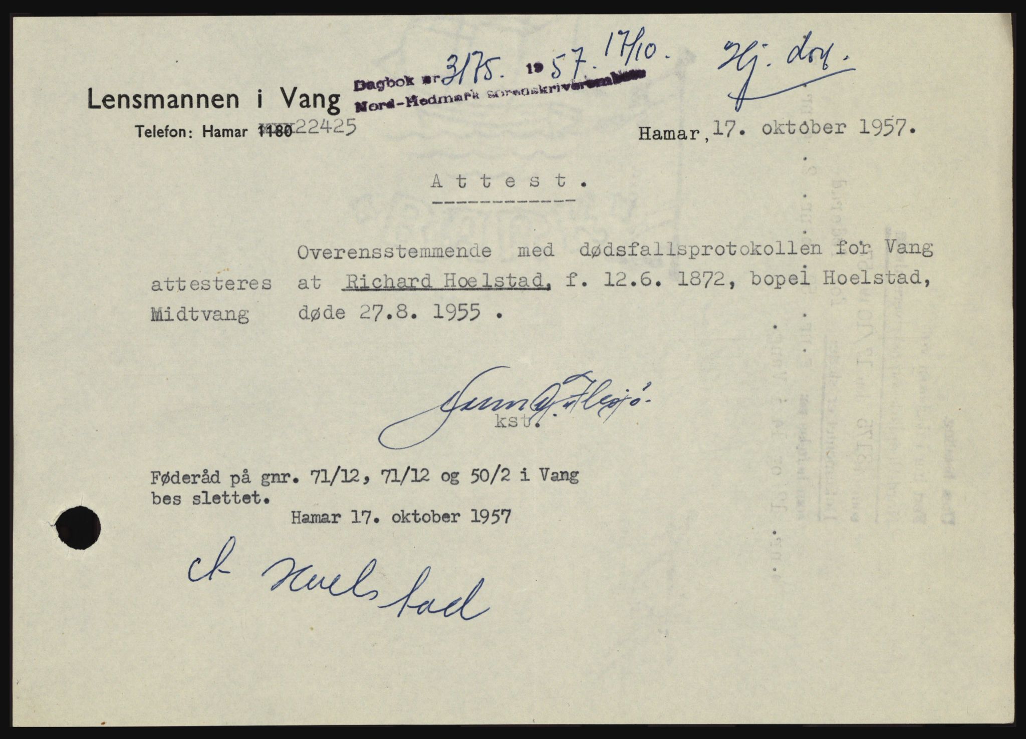 Nord-Hedmark sorenskriveri, SAH/TING-012/H/Hc/L0011: Pantebok nr. 11, 1956-1957, Dagboknr: 3175/1957