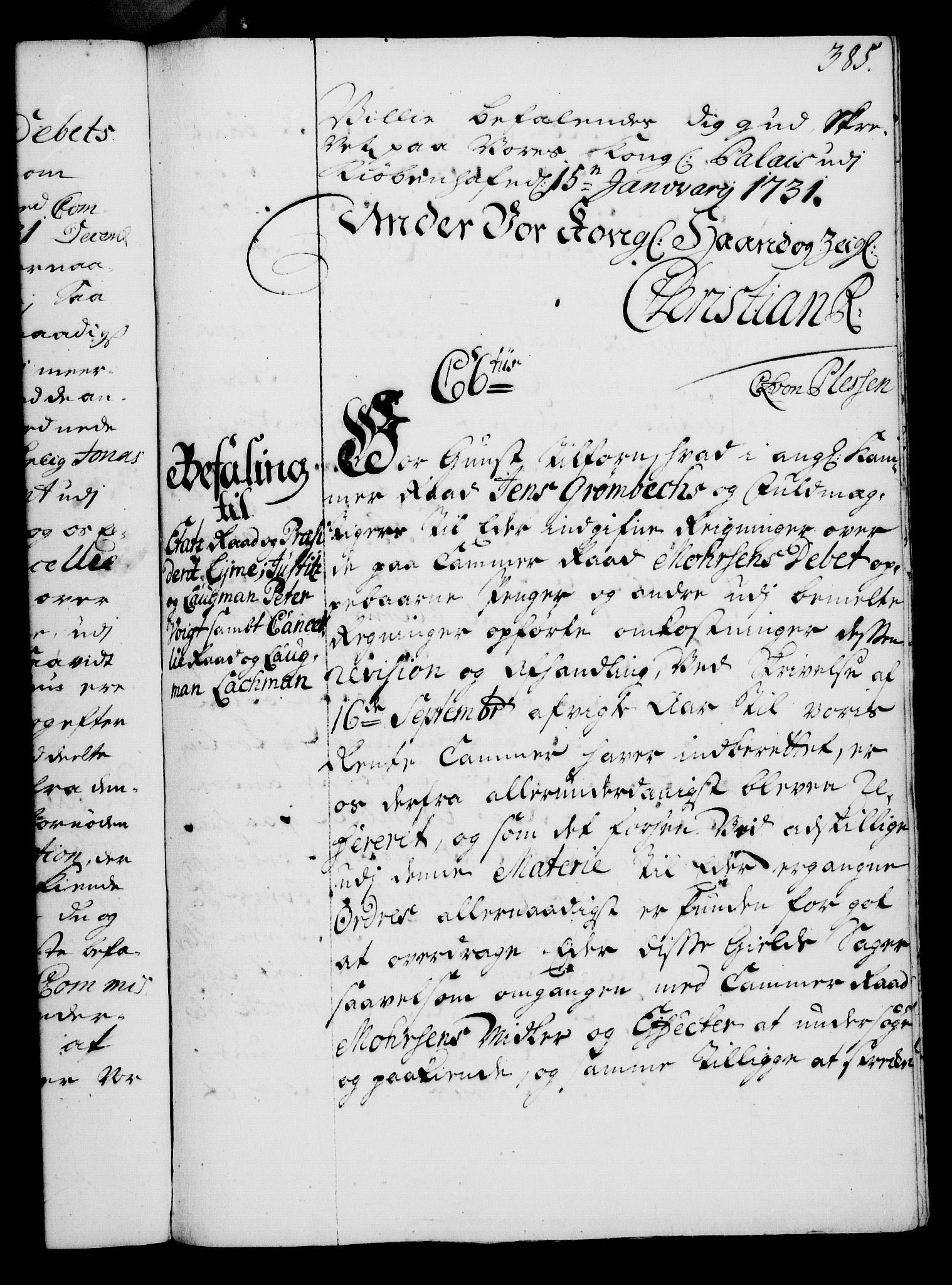 Rentekammeret, Kammerkanselliet, RA/EA-3111/G/Gg/Gga/L0003: Norsk ekspedisjonsprotokoll med register (merket RK 53.3), 1727-1734, s. 385