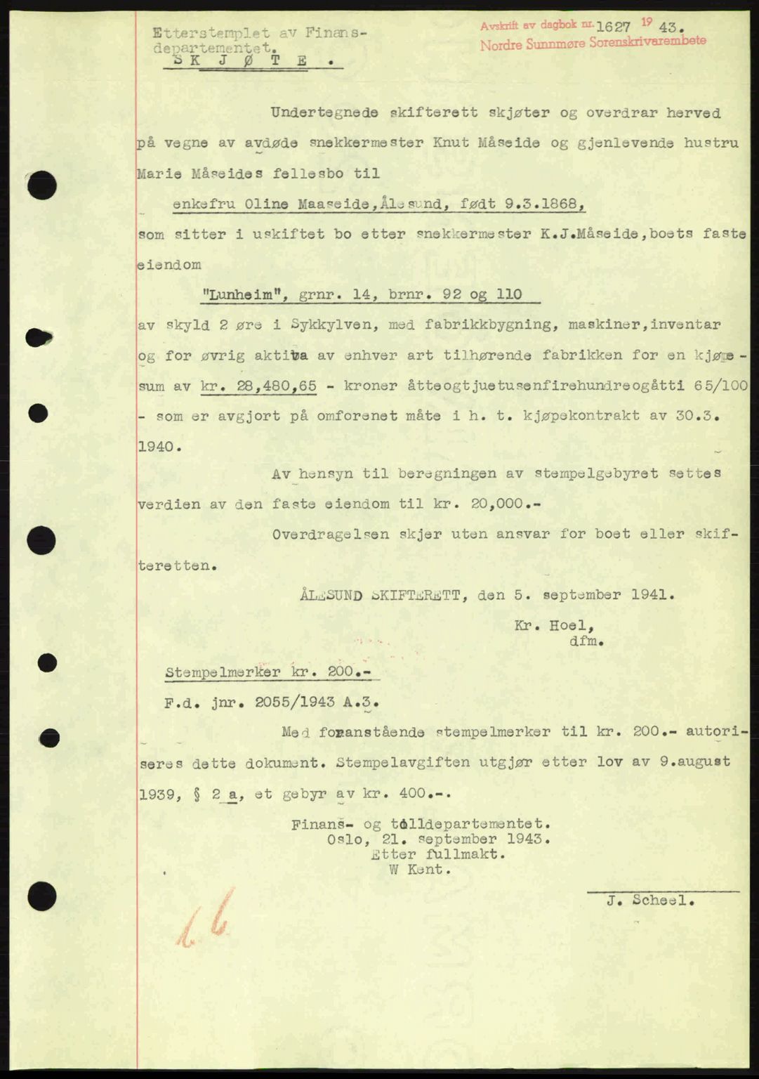 Nordre Sunnmøre sorenskriveri, AV/SAT-A-0006/1/2/2C/2Ca: Pantebok nr. A17, 1943-1944, Dagboknr: 1627/1943