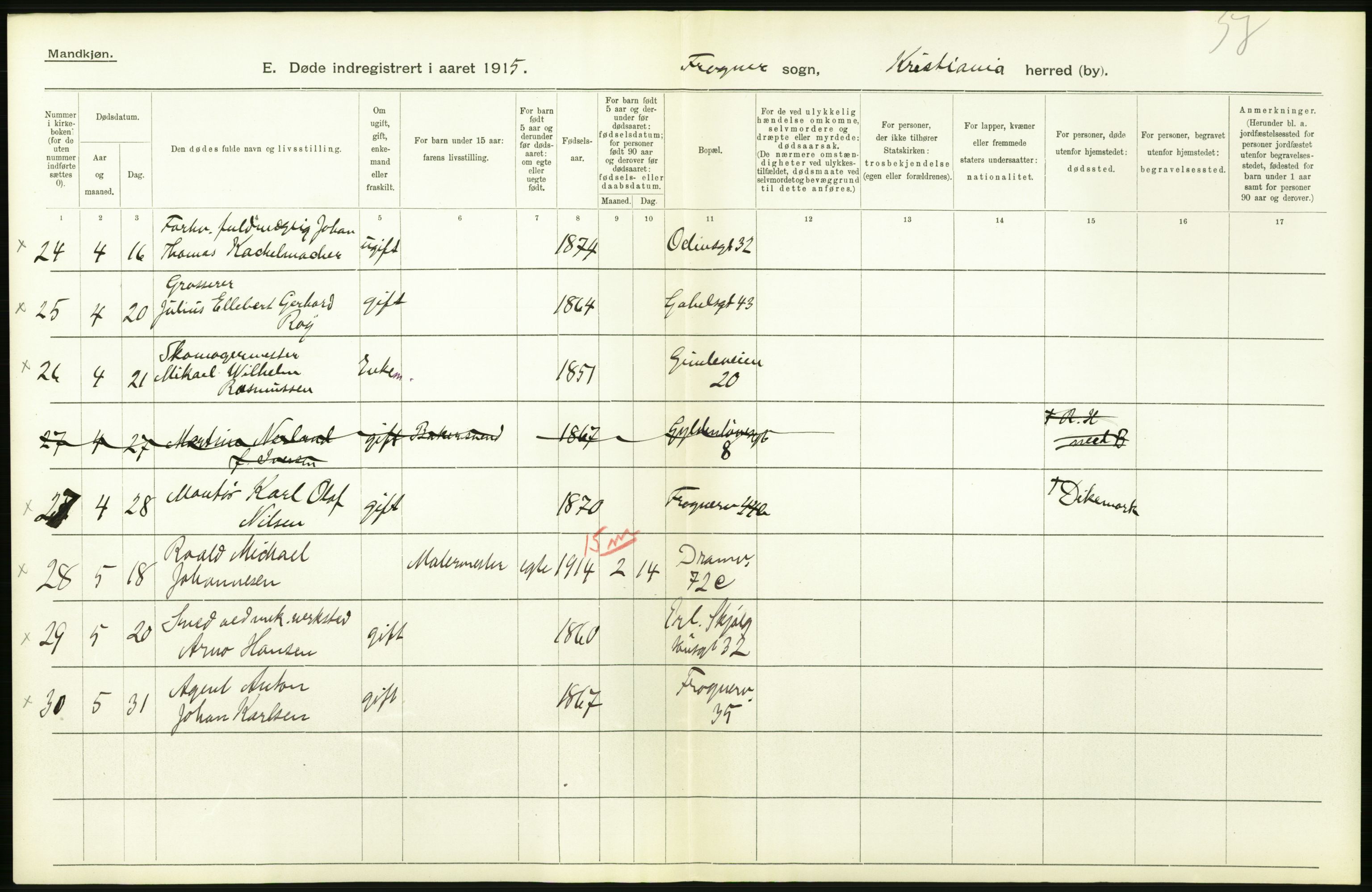 Statistisk sentralbyrå, Sosiodemografiske emner, Befolkning, AV/RA-S-2228/D/Df/Dfb/Dfbe/L0009: Kristiania: Døde., 1915, s. 484