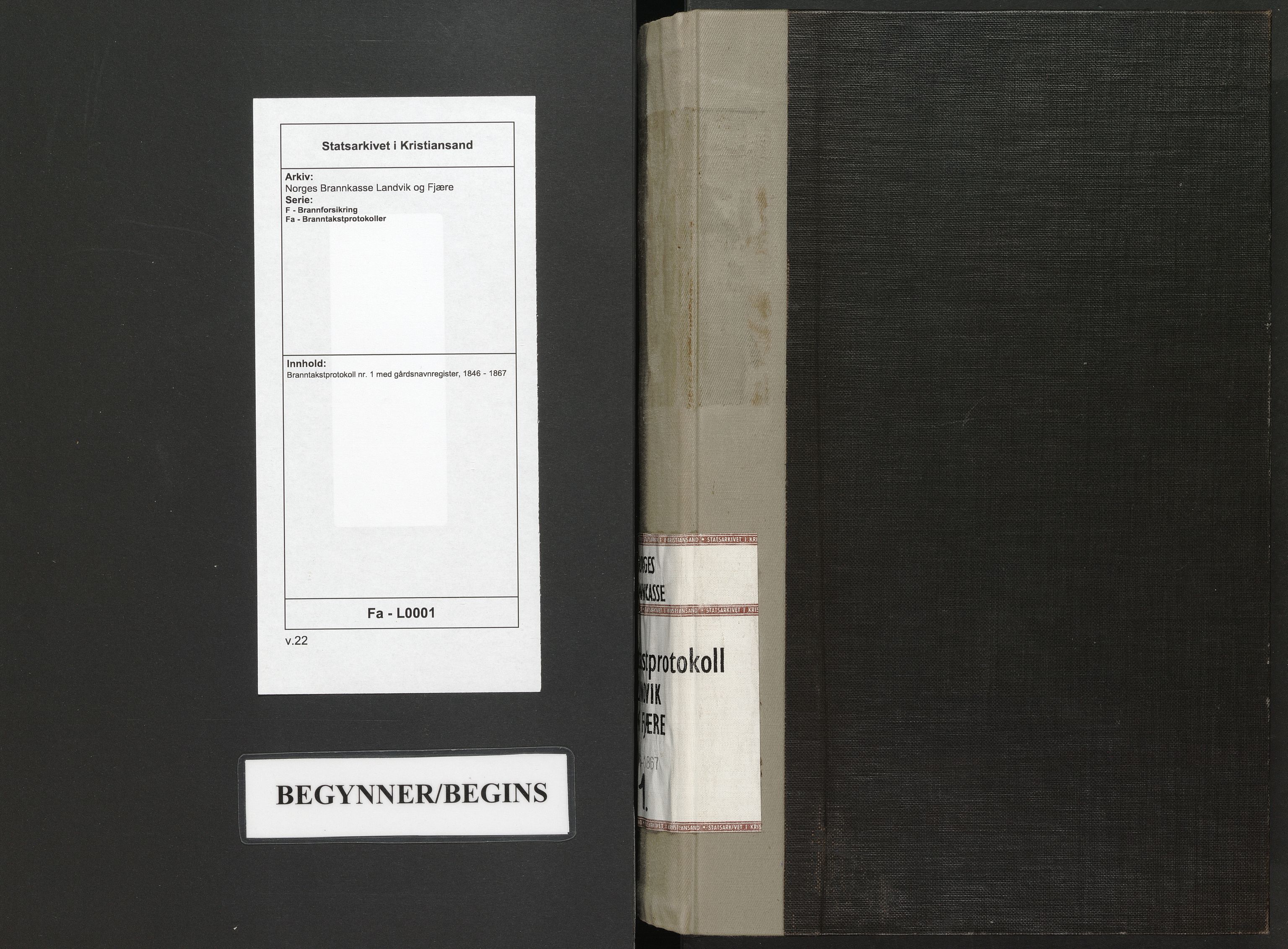 Norges Brannkasse Landvik og Fjære, SAK/2241-0032/F/Fa/L0001: Branntakstprotokoll nr. 1 med gårdsnavnregister, 1846-1867