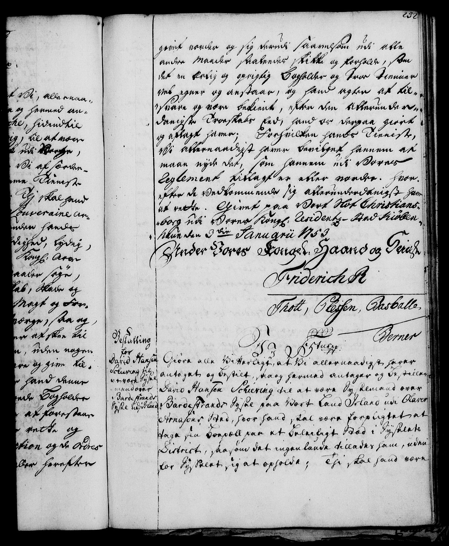 Rentekammeret, Kammerkanselliet, AV/RA-EA-3111/G/Gg/Gge/L0003: Norsk bestallingsprotokoll med register (merket RK 53.27), 1745-1761, s. 232