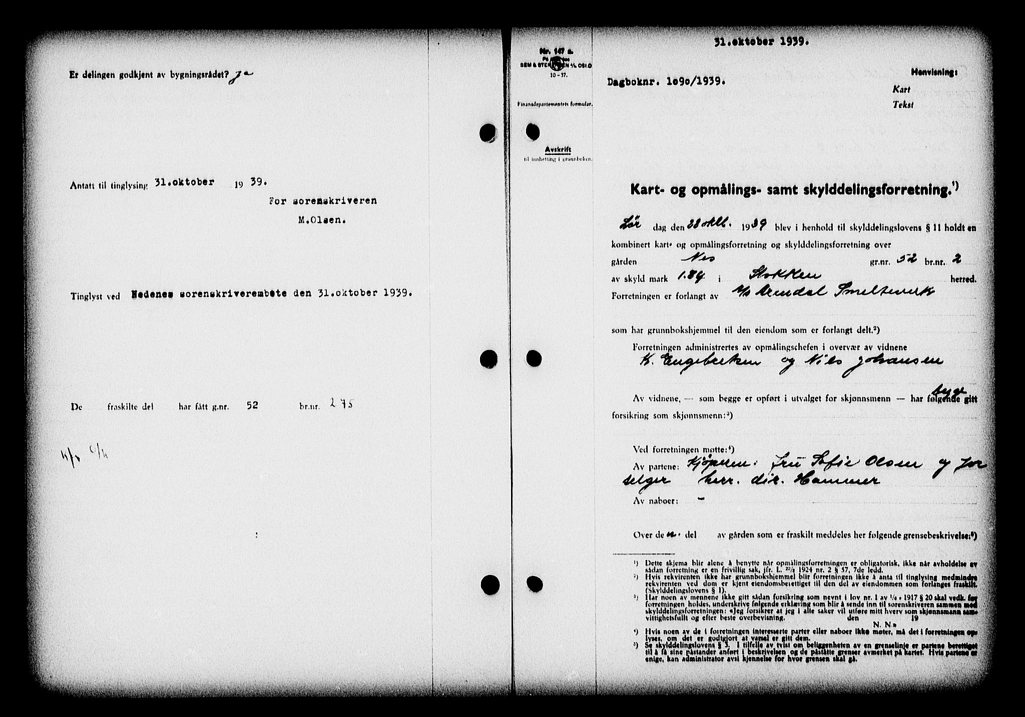 Nedenes sorenskriveri, AV/SAK-1221-0006/G/Gb/Gba/L0047: Pantebok nr. A-I, 1939-1940, Dagboknr: 1090/1939