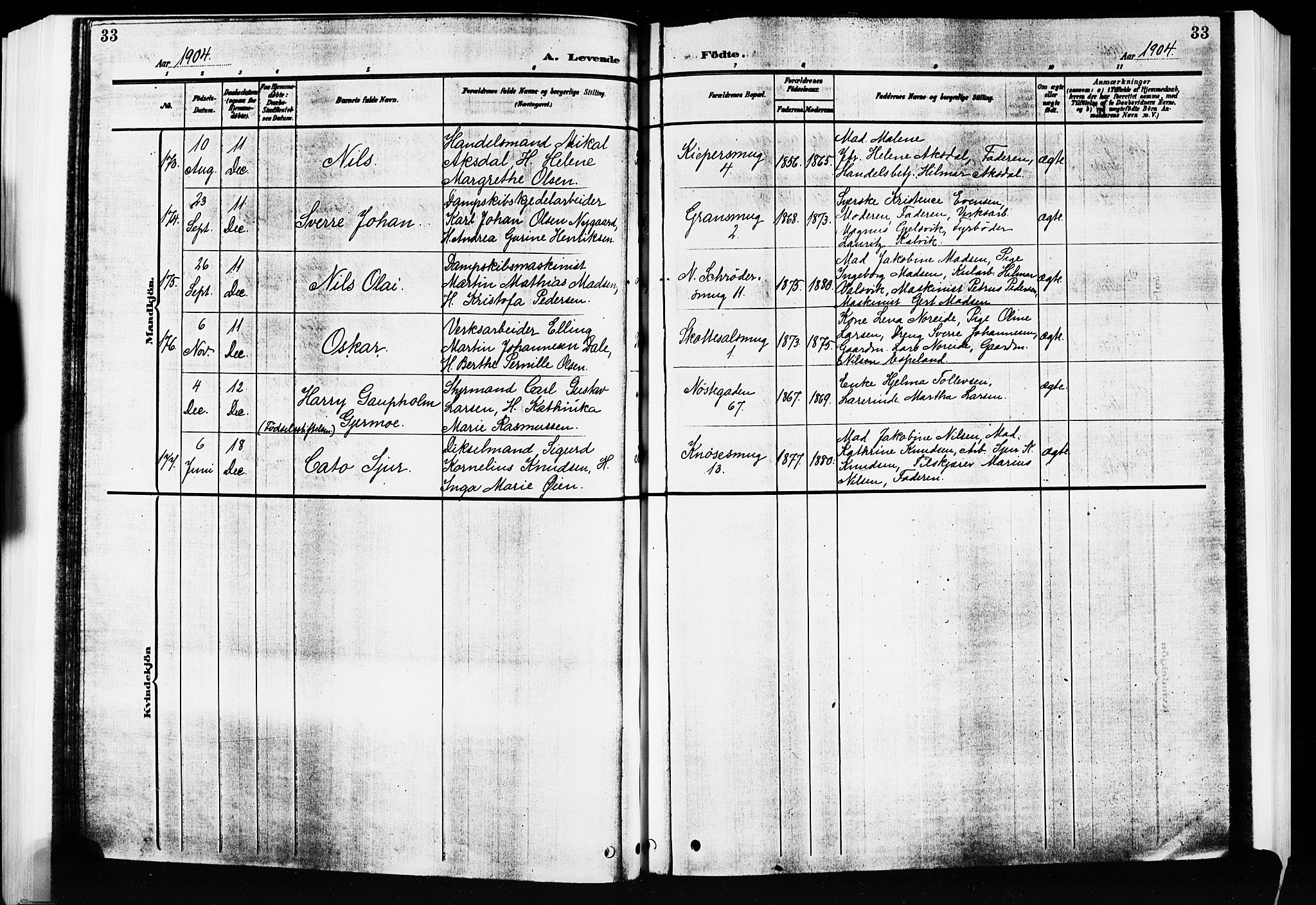 Nykirken Sokneprestembete, AV/SAB-A-77101/H/Hab: Klokkerbok nr. B 5, 1904-1908, s. 33