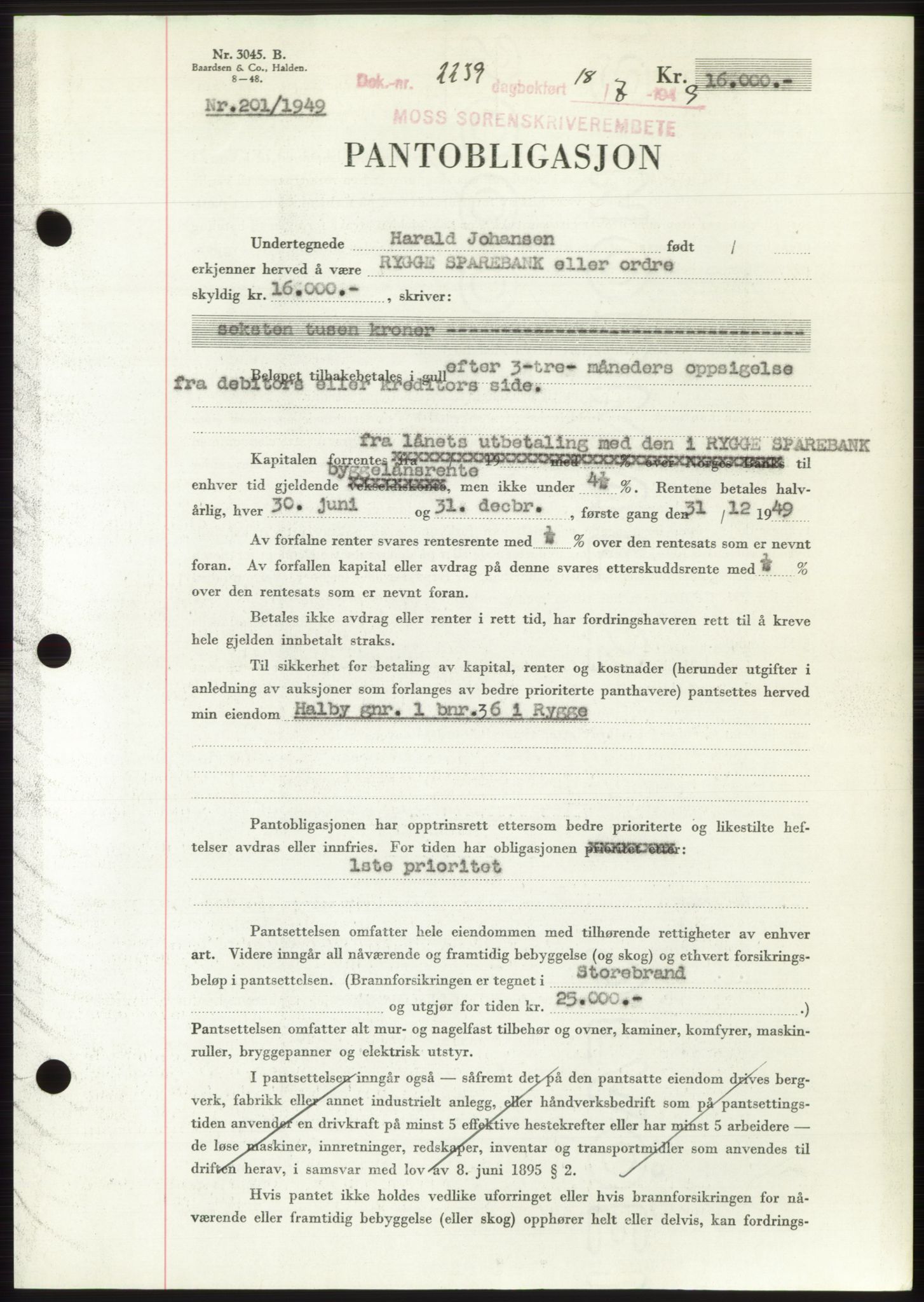 Moss sorenskriveri, SAO/A-10168: Pantebok nr. B22, 1949-1949, Dagboknr: 2239/1949