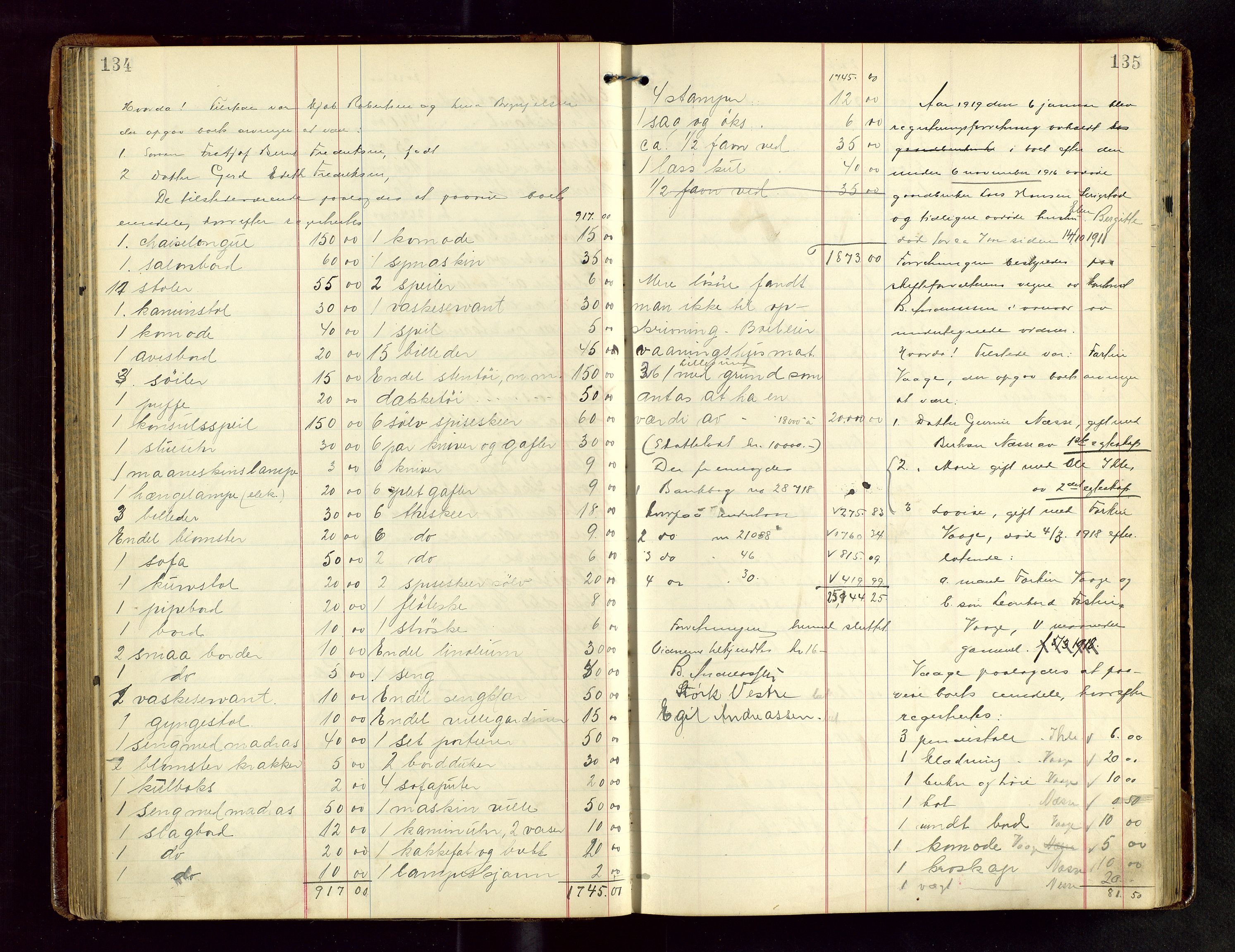 Haugesund tingrett, AV/SAST-A-101415/01/IV/IVB/L0004: Skifteregistreringsprotokoll, med register, 1914-1923, s. 134-135