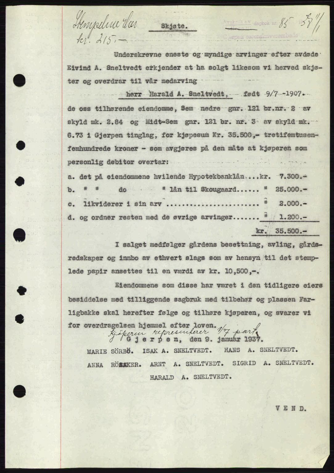 Gjerpen sorenskriveri, SAKO/A-216/G/Ga/Gae/L0067: Pantebok nr. A-66 - A-68, 1936-1937, Dagboknr: 85/1937