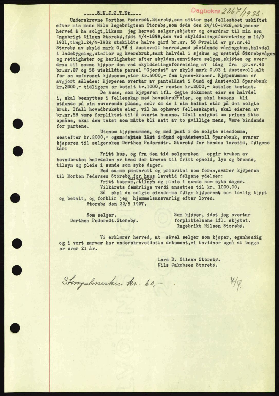 Midhordland sorenskriveri, SAB/A-3001/1/G/Gb/Gbh/L0005: Pantebok nr. A9-10, 1938-1938, Dagboknr: 2867/1938