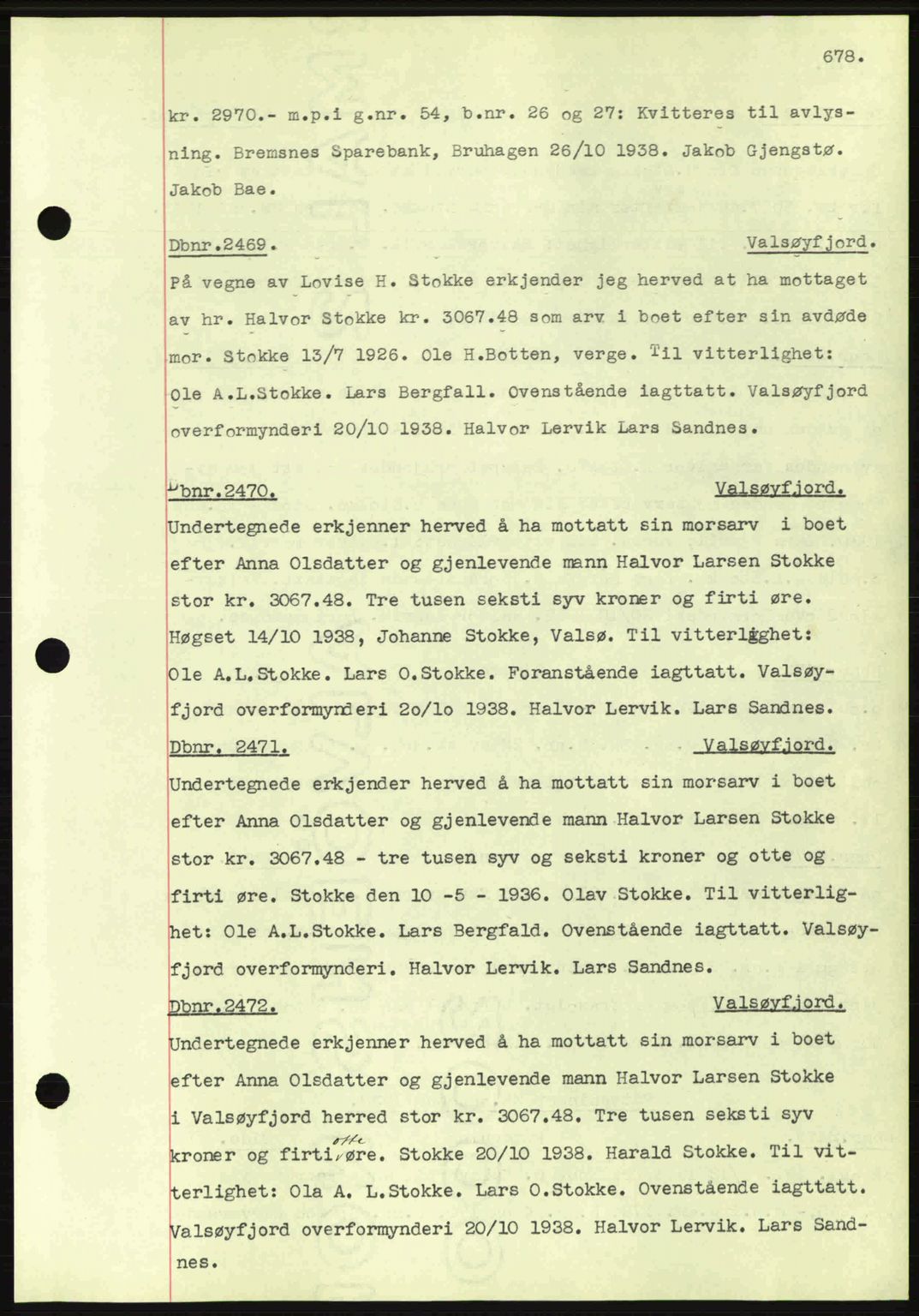 Nordmøre sorenskriveri, SAT/A-4132/1/2/2Ca: Pantebok nr. C80, 1936-1939, Dagboknr: 2469/1938