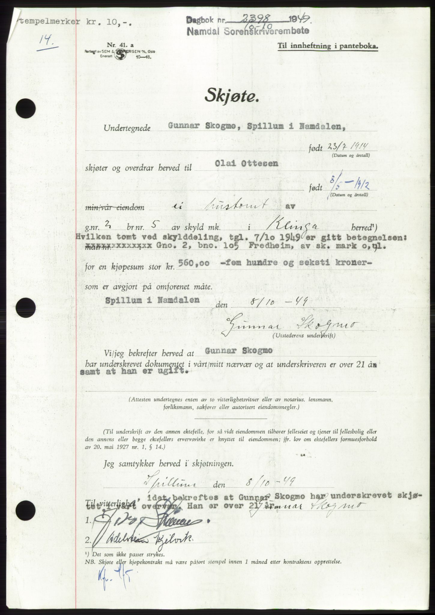 Namdal sorenskriveri, SAT/A-4133/1/2/2C: Pantebok nr. -, 1949-1949, Dagboknr: 2398/1949