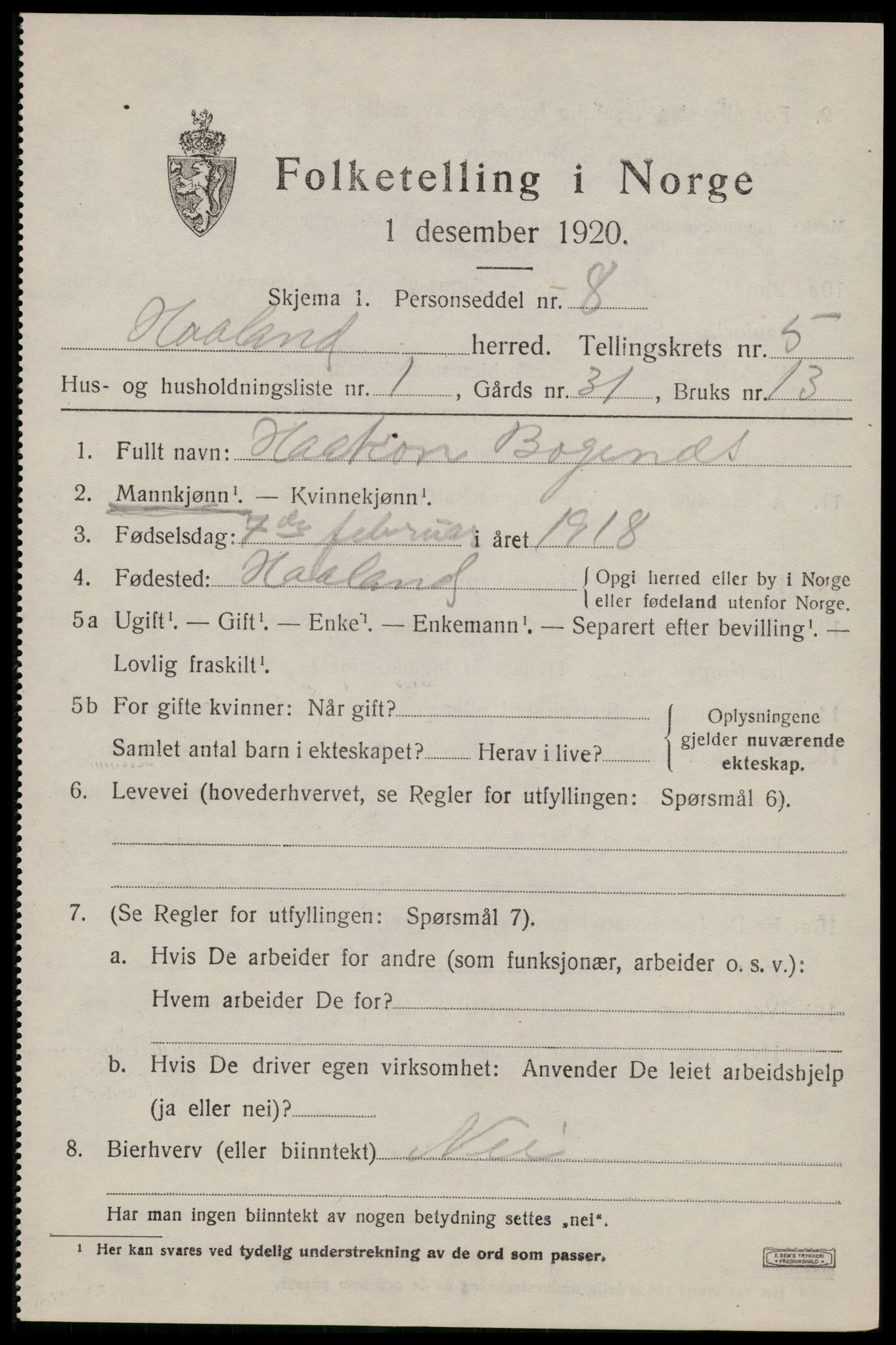 SAST, Folketelling 1920 for 1124 Håland herred, 1920, s. 4529