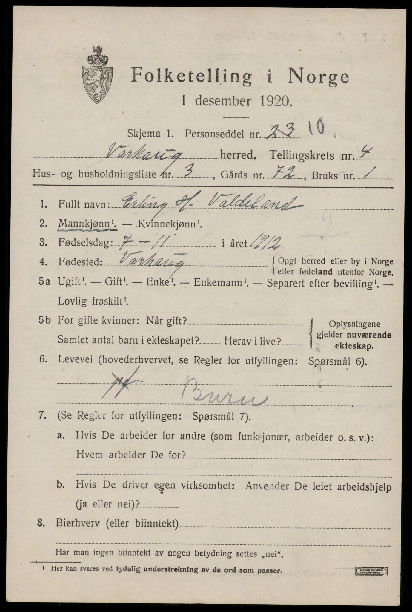 SAST, Folketelling 1920 for 1118 Varhaug herred, 1920, s. 3659