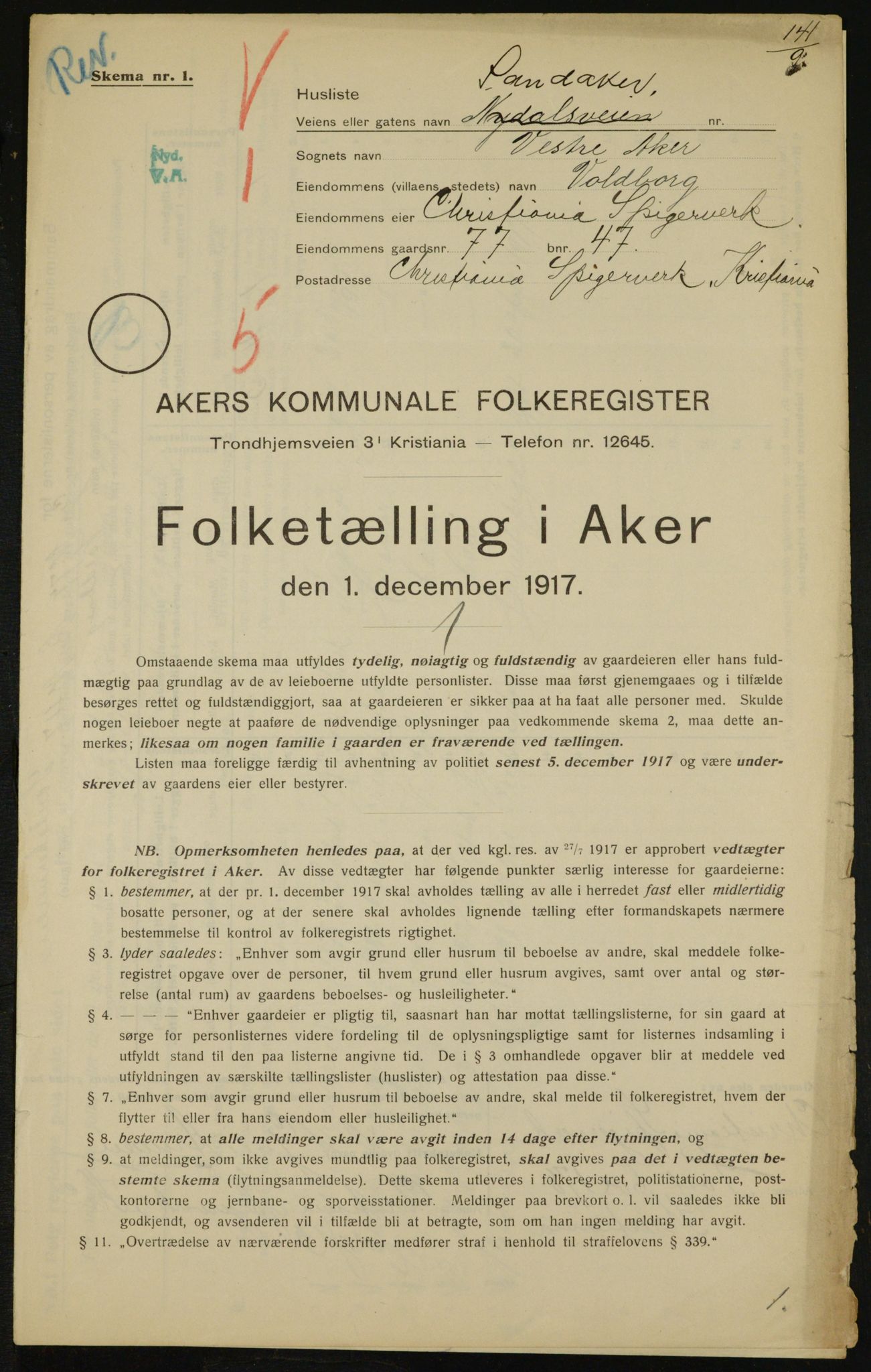 OBA, Kommunal folketelling 1.12.1917 for Aker, 1917, s. 13465