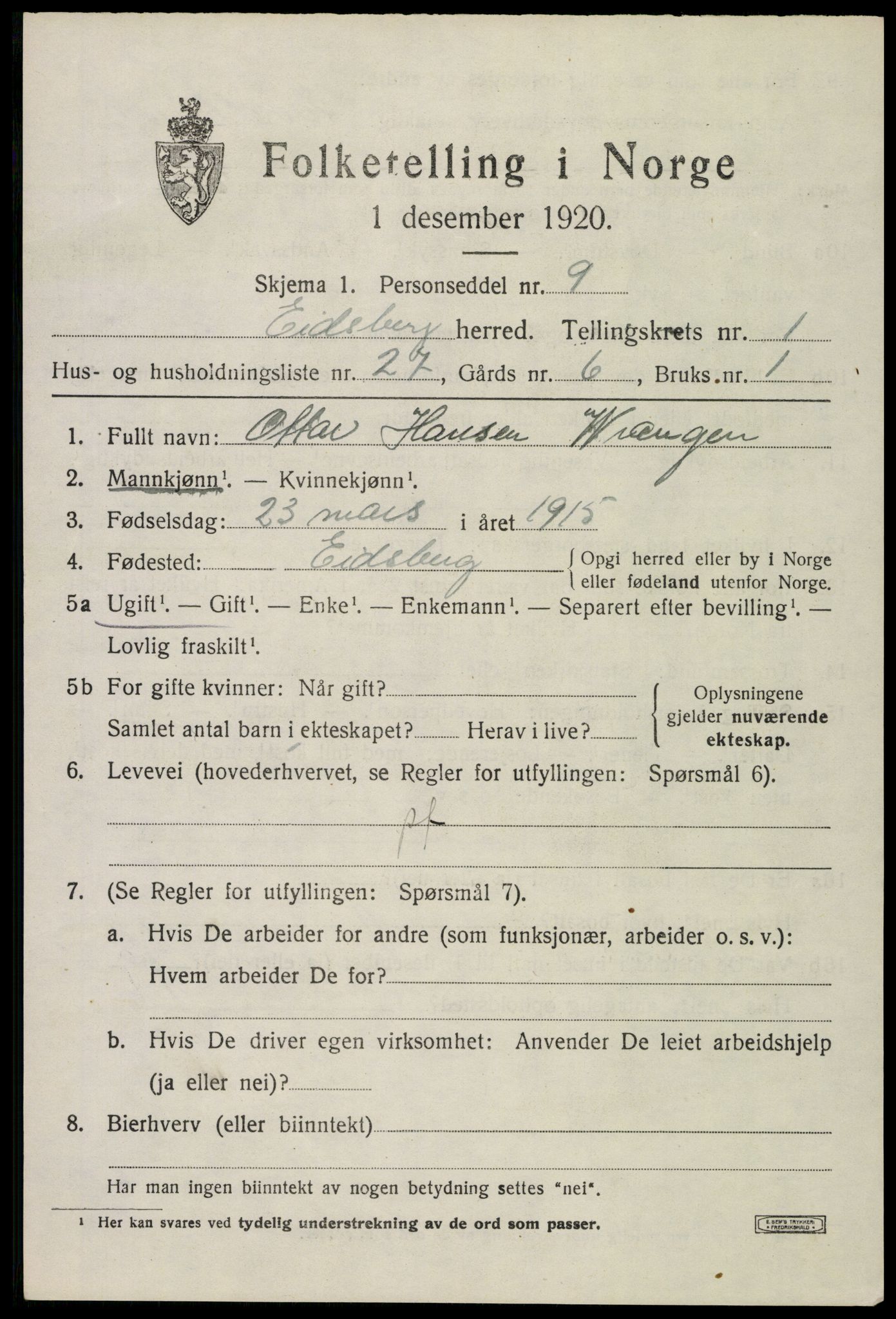 SAO, Folketelling 1920 for 0125 Eidsberg herred, 1920, s. 2263