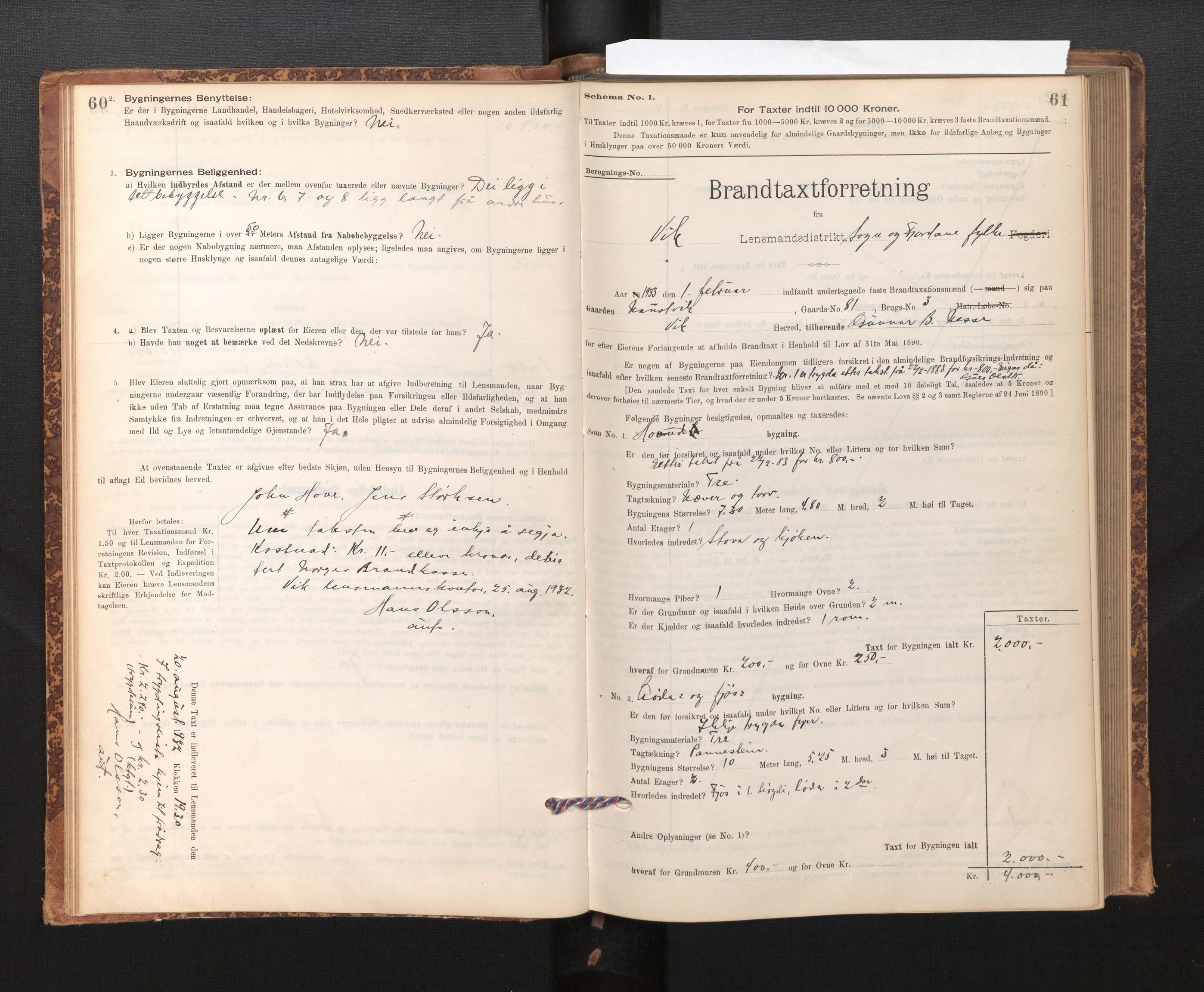 Lensmannen i Vik, SAB/A-30301/0012/L0006: Branntakstprotokoll, skjematakst, 1896-1949, s. 60-61