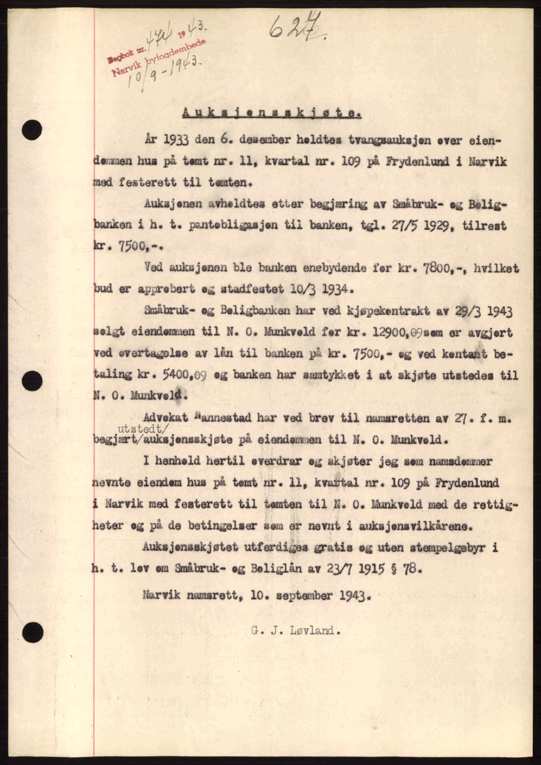 Narvik sorenskriveri, SAT/A-0002/1/2/2C/2Ca: Pantebok nr. A19, 1942-1943, Dagboknr: 474/1943