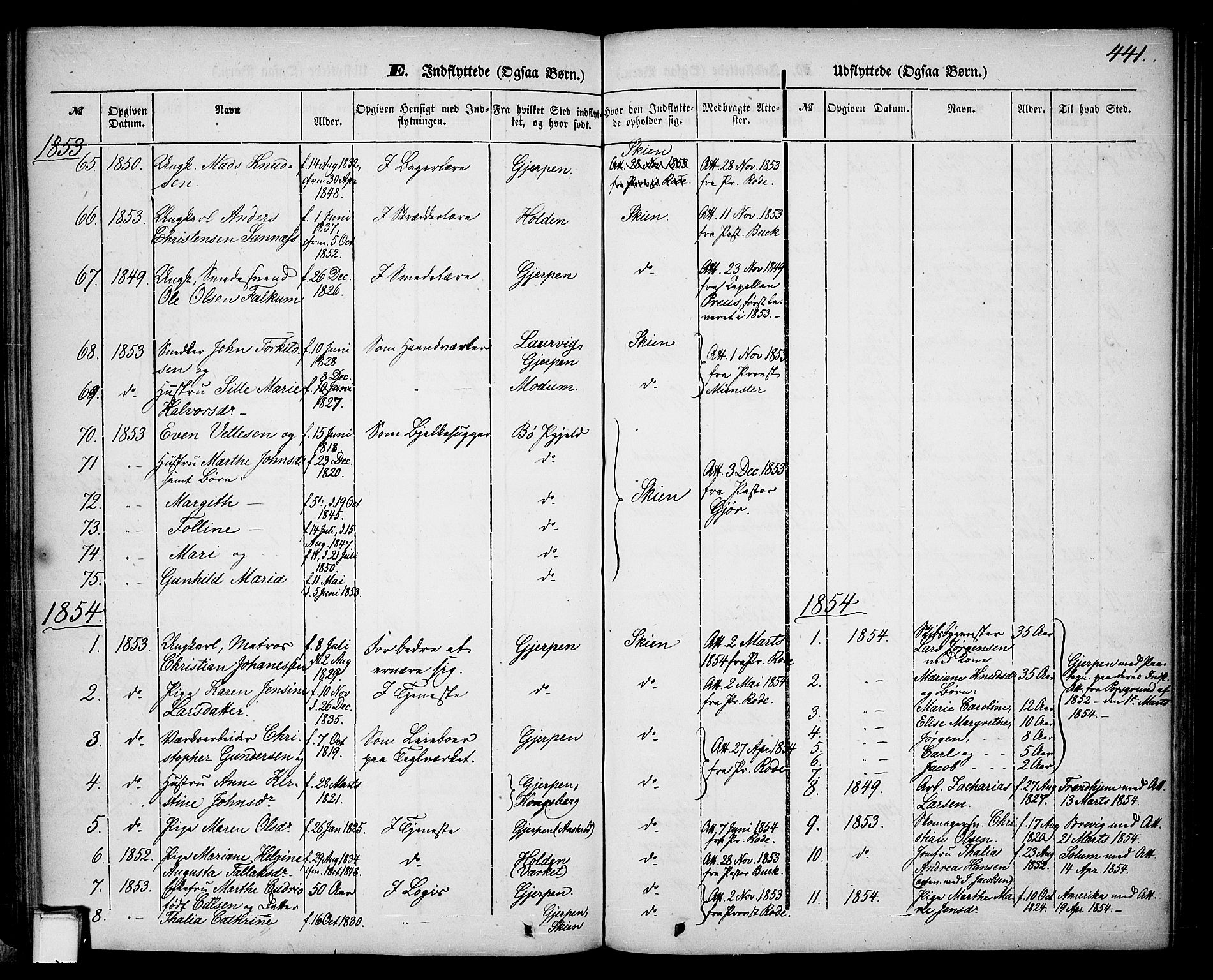 Skien kirkebøker, AV/SAKO-A-302/G/Ga/L0004: Klokkerbok nr. 4, 1843-1867, s. 441