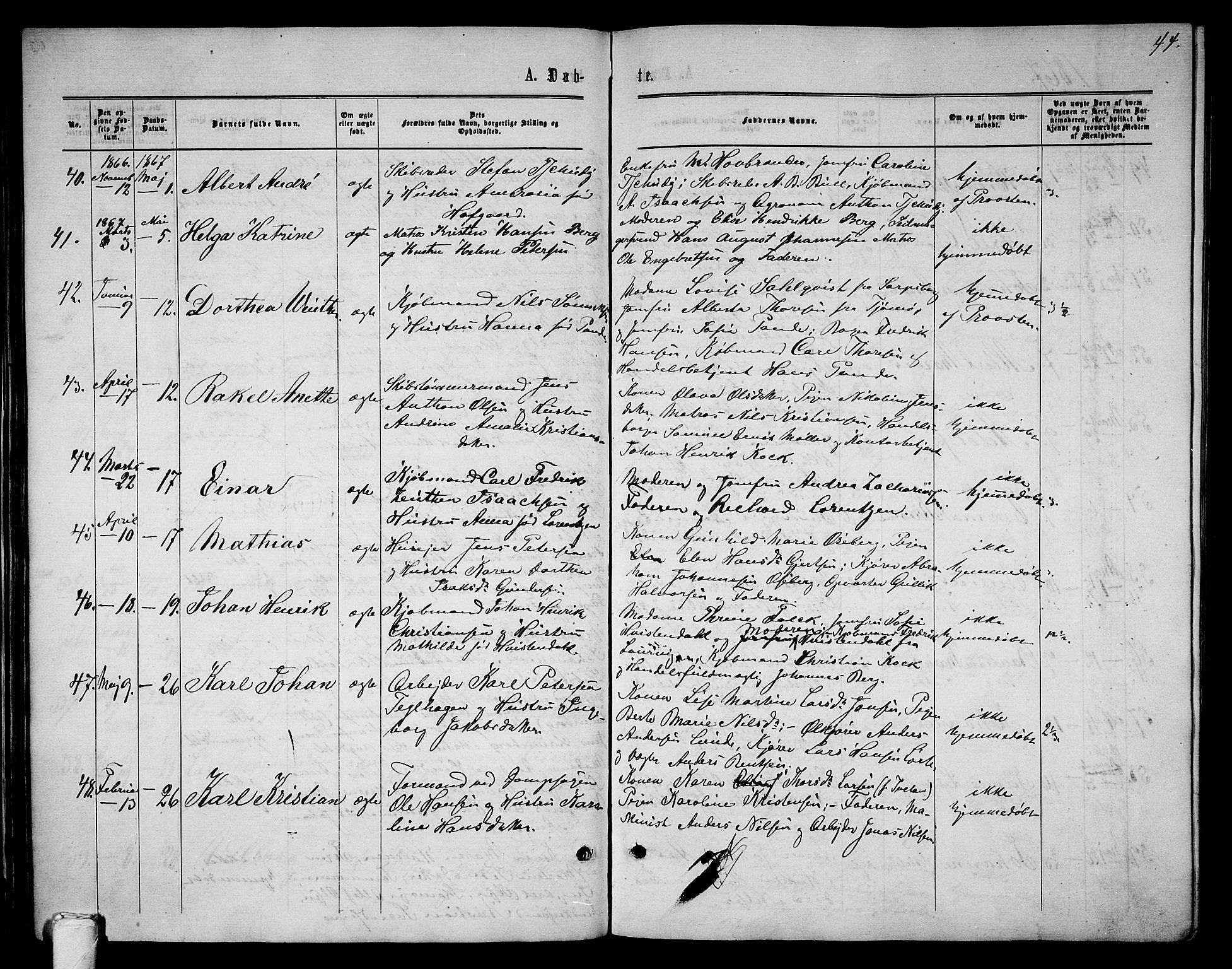 Tønsberg kirkebøker, AV/SAKO-A-330/G/Ga/L0004: Klokkerbok nr. 4, 1865-1874, s. 44