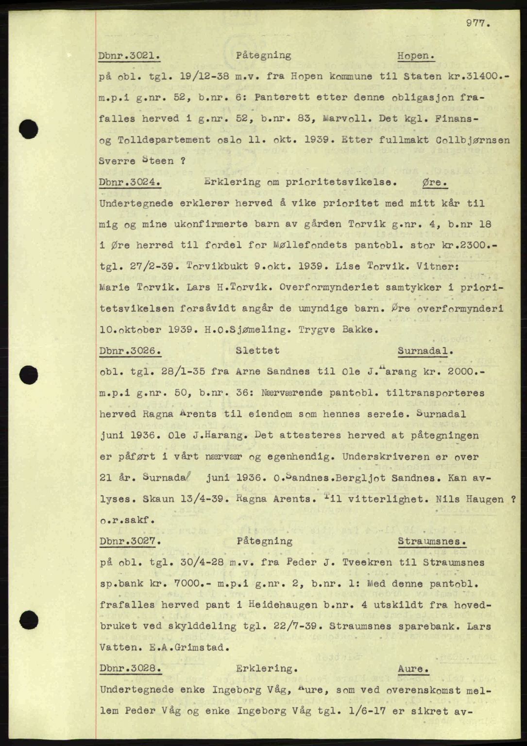 Nordmøre sorenskriveri, SAT/A-4132/1/2/2Ca: Pantebok nr. C80, 1936-1939, Dagboknr: 3021/1939