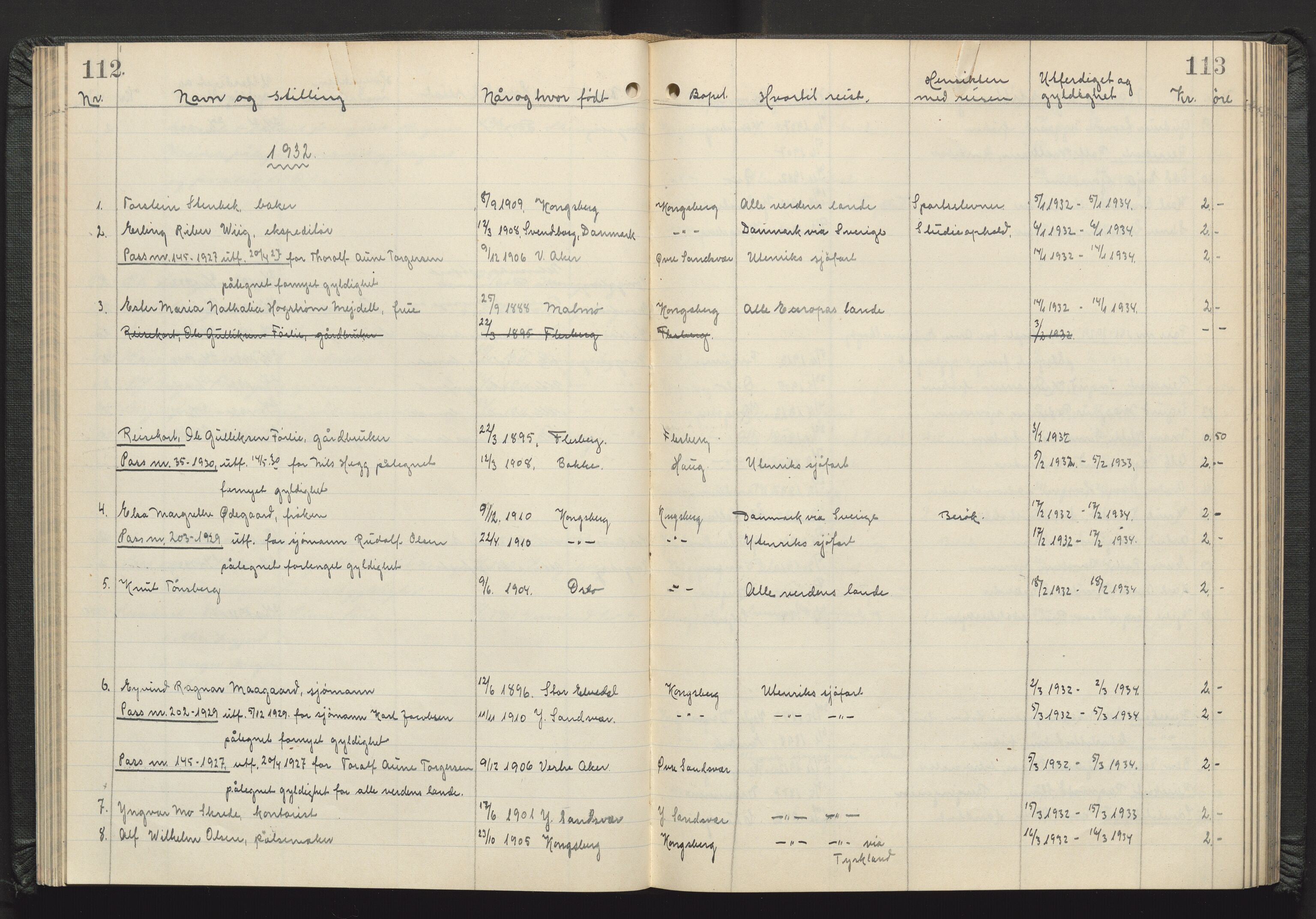 Kongsberg politikammer, AV/SAKO-A-624/I/Ib/Iba/L0004: Passprotokoll, 1927-1946, s. 112-113