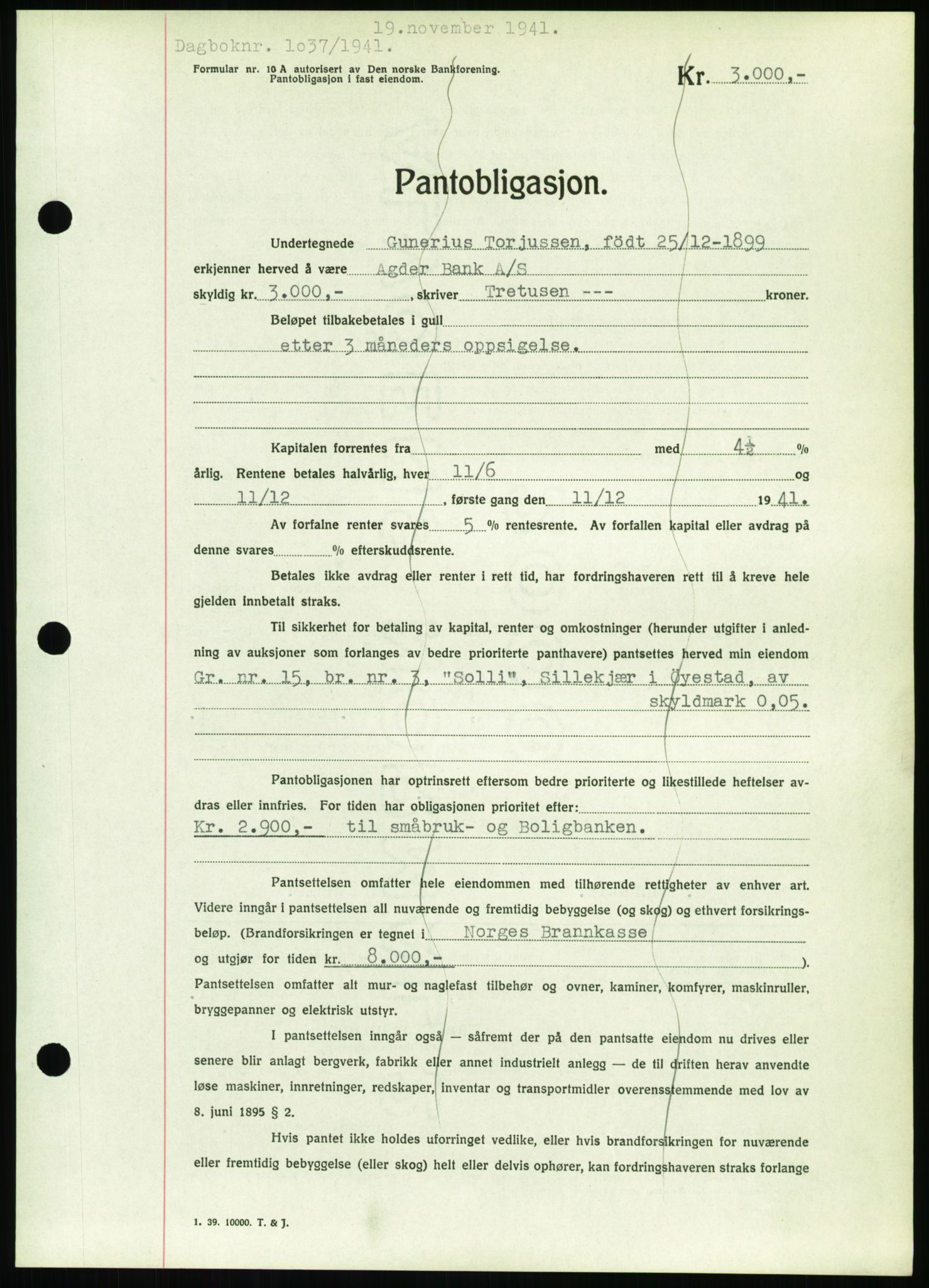 Nedenes sorenskriveri, SAK/1221-0006/G/Gb/Gbb/L0001: Pantebok nr. I, 1939-1942, Dagboknr: 1037/1941
