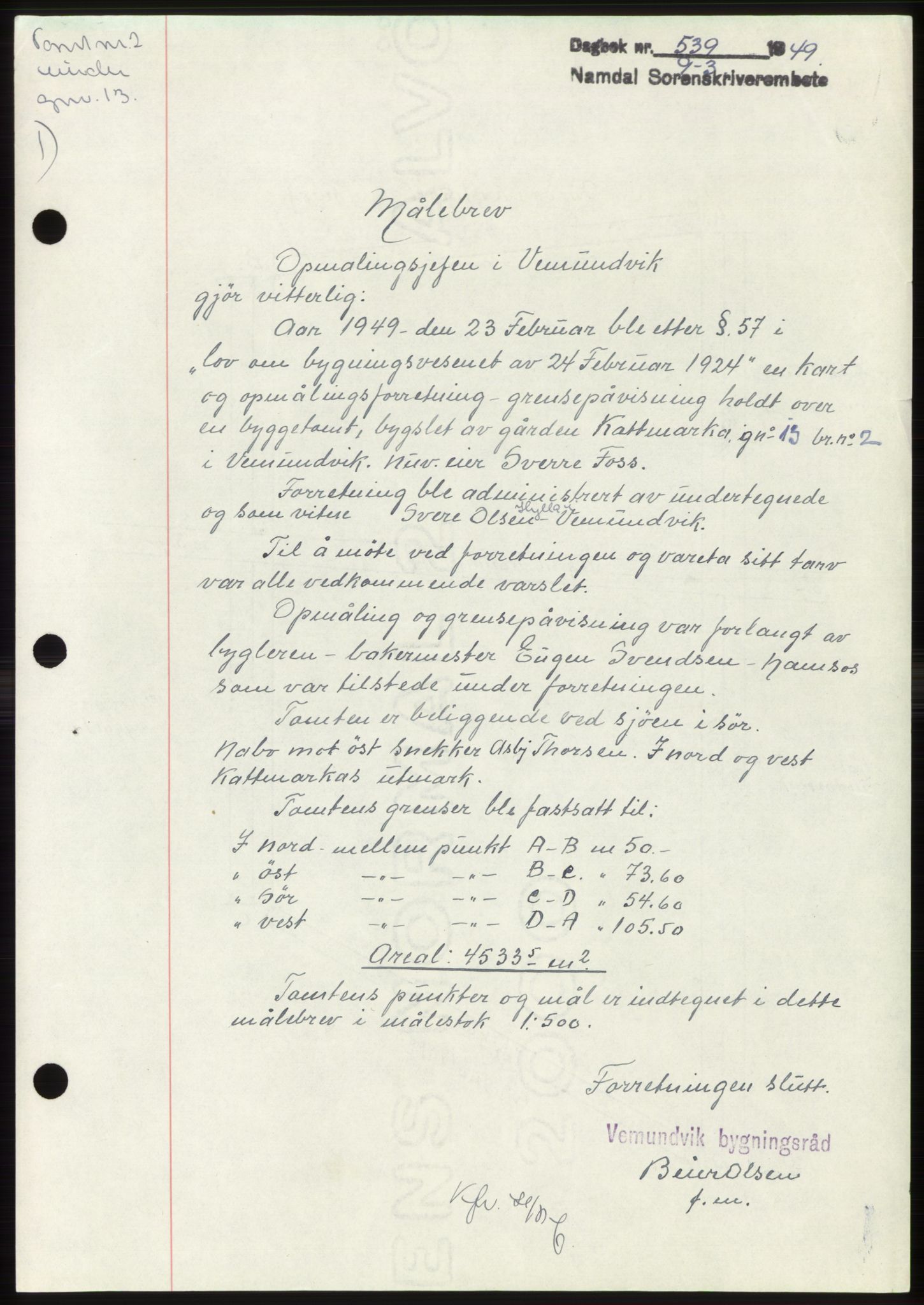 Namdal sorenskriveri, SAT/A-4133/1/2/2C: Pantebok nr. -, 1949-1949, Dagboknr: 539/1949
