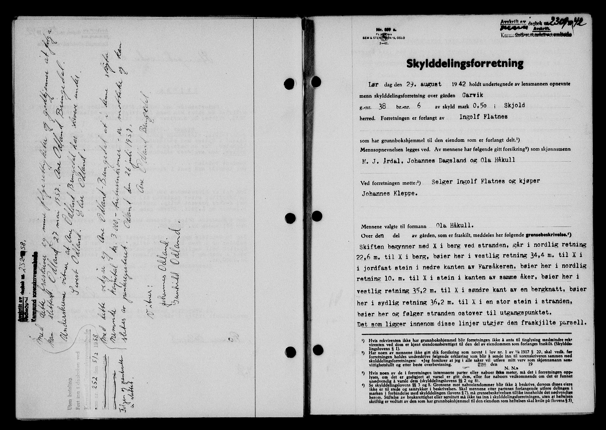 Karmsund sorenskriveri, SAST/A-100311/01/II/IIB/L0079: Pantebok nr. 60A, 1942-1943, Dagboknr: 2309/1942