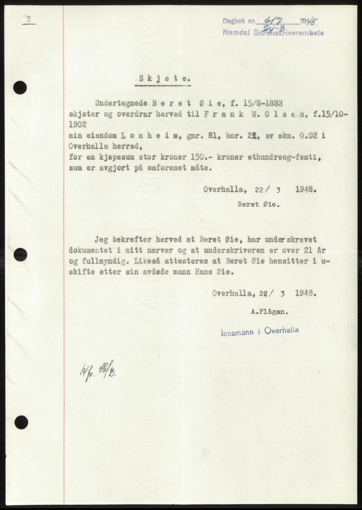 Namdal sorenskriveri, SAT/A-4133/1/2/2C: Pantebok nr. -, 1947-1948, Dagboknr: 617/1948