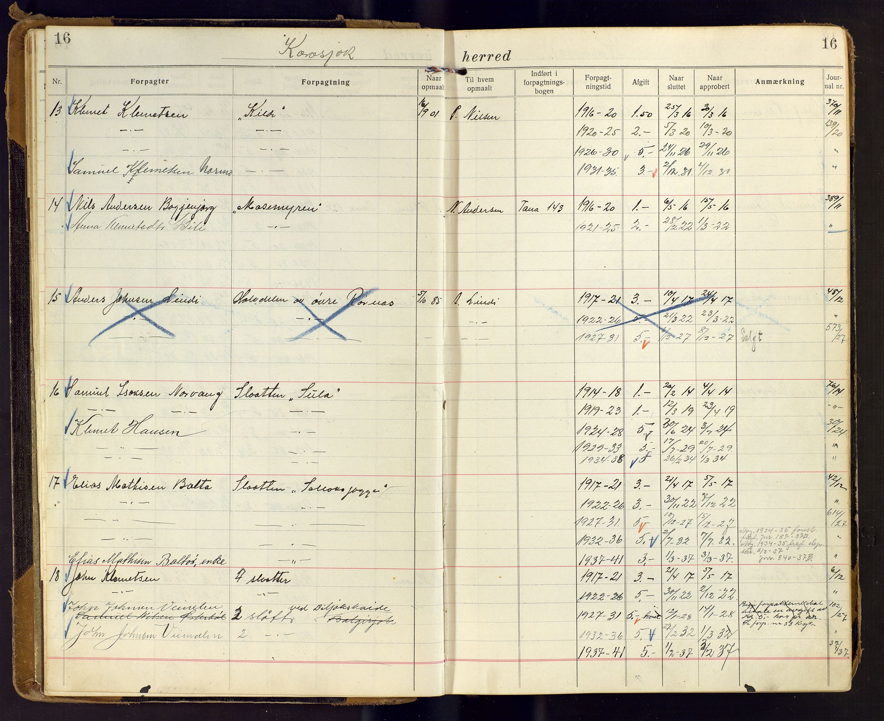 Finnmark jordsalgskommisjon/jordsalgskontor og Statskog SF Finnmark jordsalgskontor, AV/SATØ-S-1443/J/Ja/L0006: Forpaktningsbok for Finnmark II, 1916-1947, s. 16