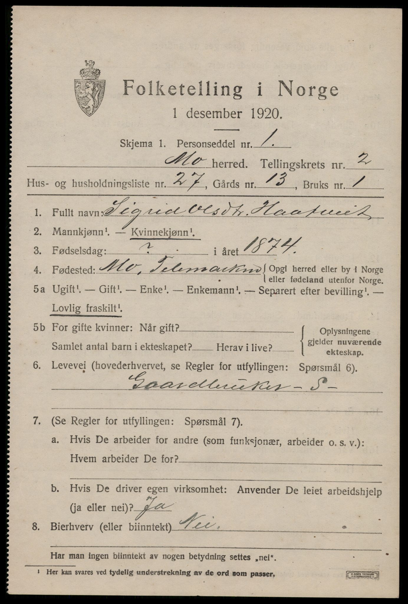 SAKO, Folketelling 1920 for 0832 Mo herred, 1920, s. 1372