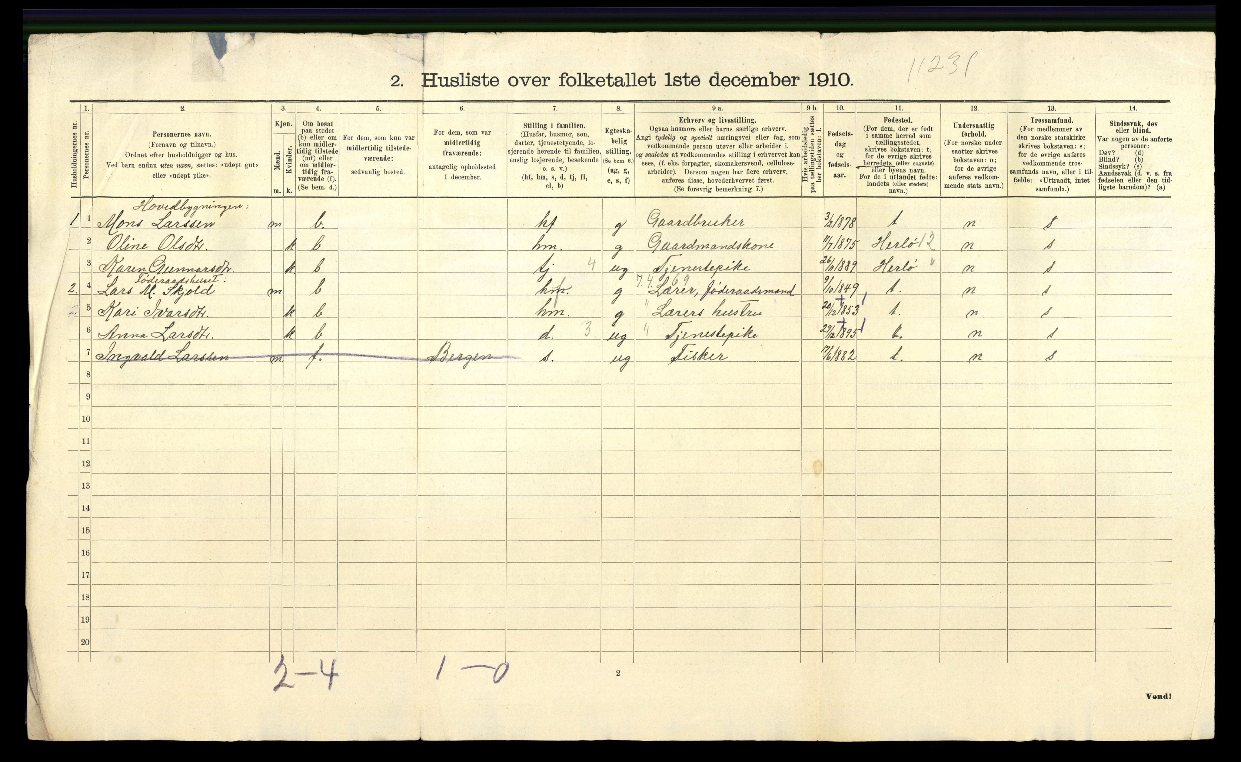 RA, Folketelling 1910 for 1259 Hjelme herred, 1910, s. 21