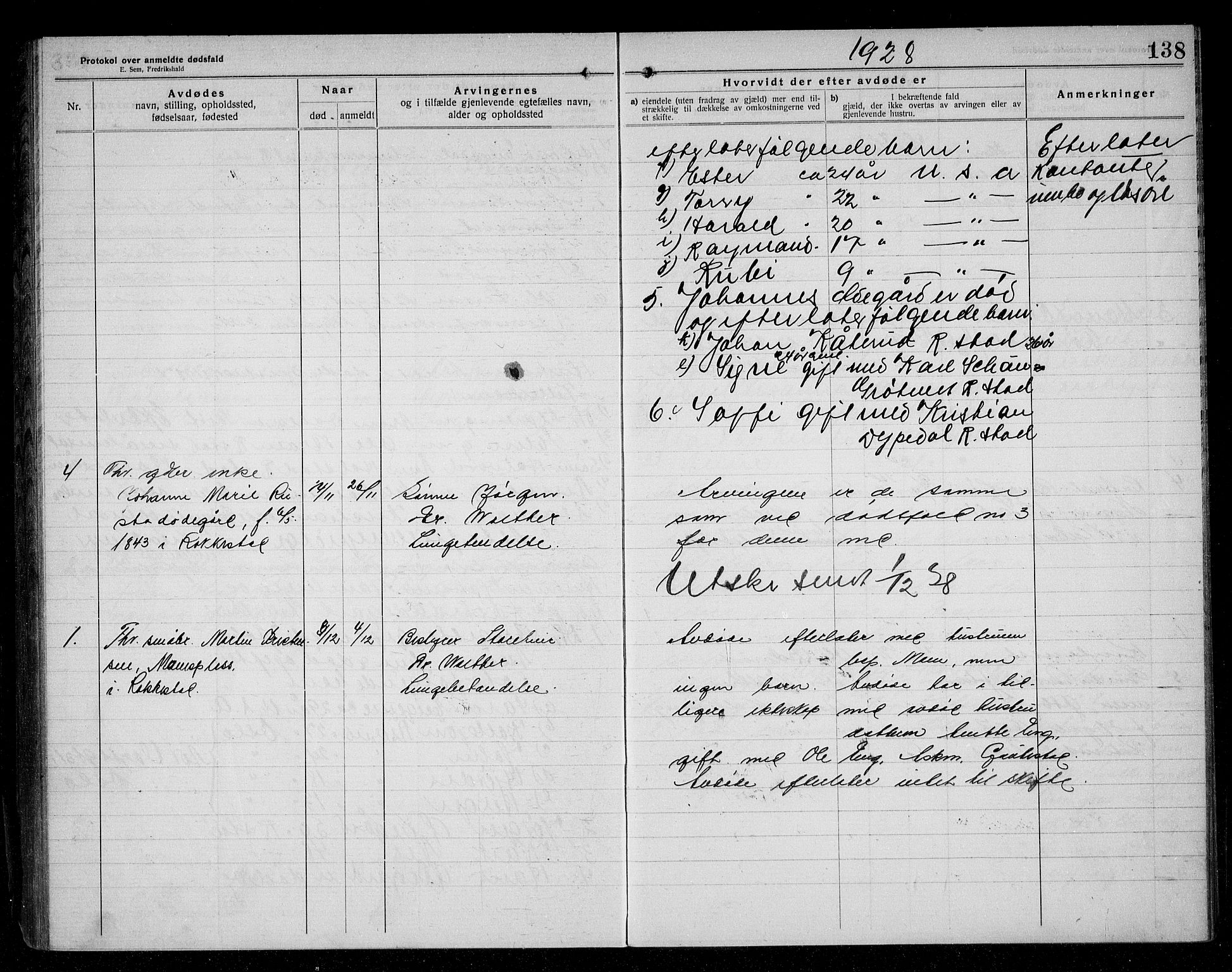 Rakkestad lensmannskontor, AV/SAO-A-10004/H/Ha/Haa/L0004: Dødsanmeldelsesprotokoll, 1920-1931, s. 138