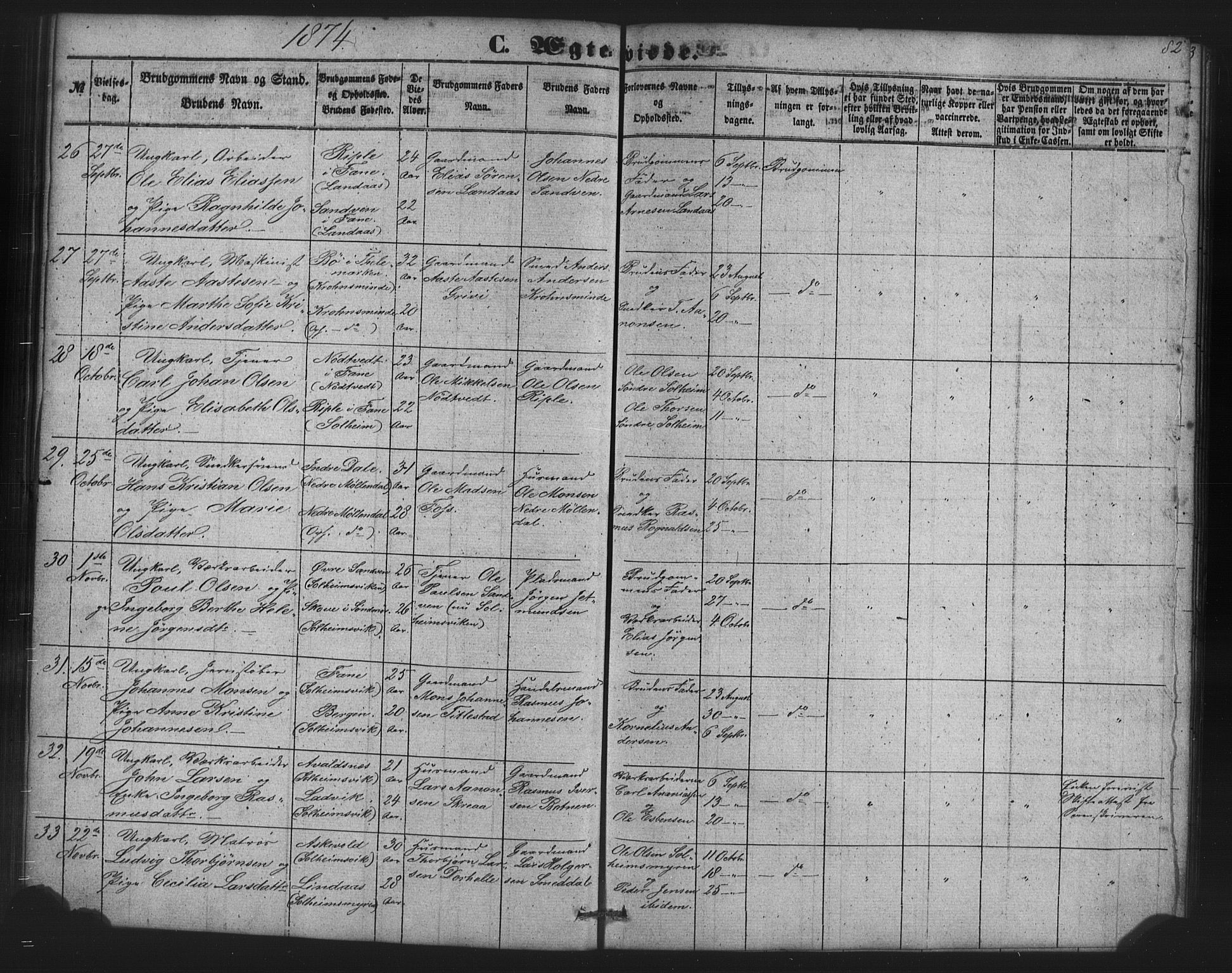 St. Jørgens hospital og Årstad sokneprestembete, AV/SAB-A-99934: Klokkerbok nr. A 7, 1854-1886, s. 82