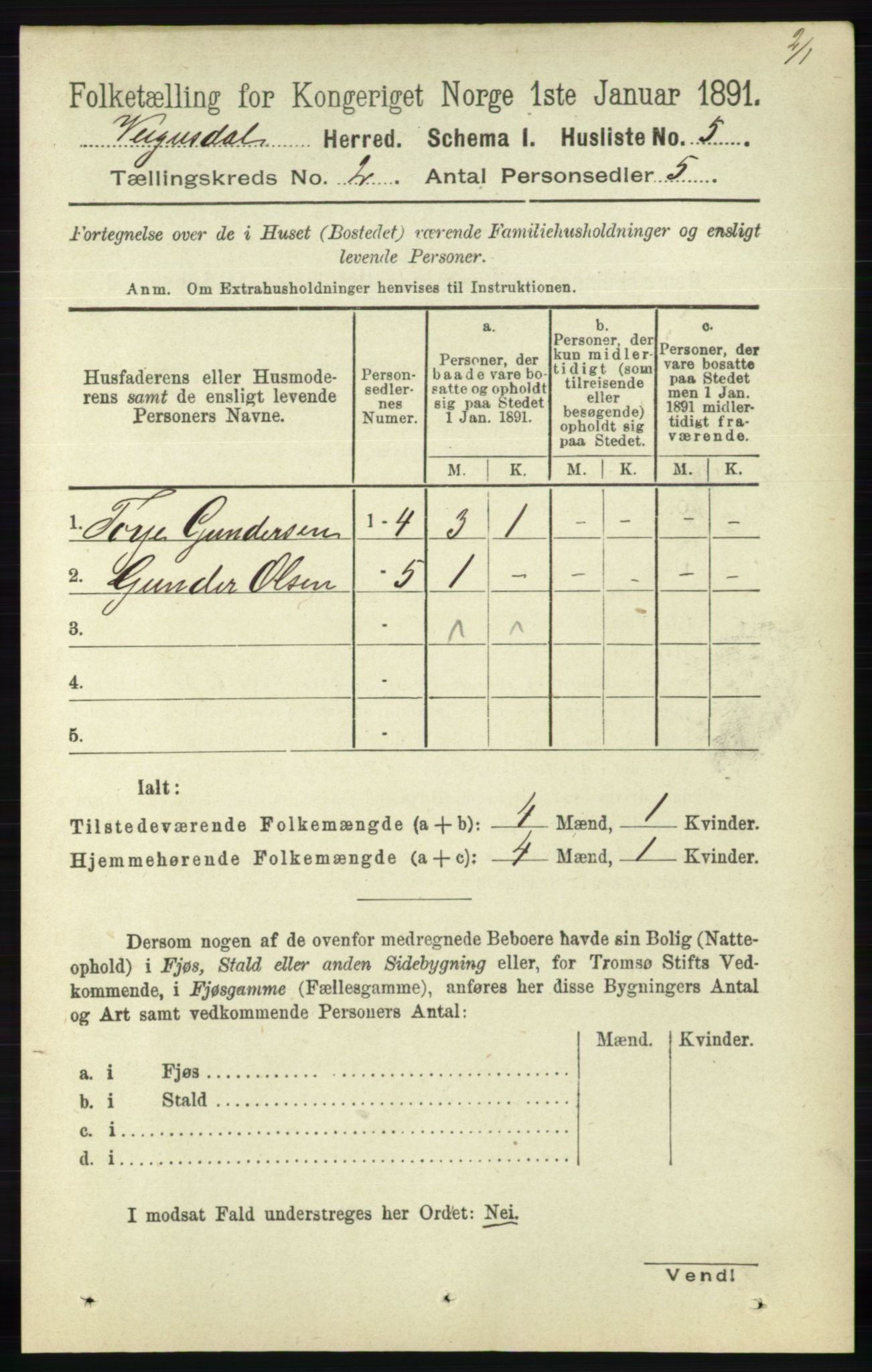 RA, Folketelling 1891 for 0934 Vegusdal herred, 1891, s. 294