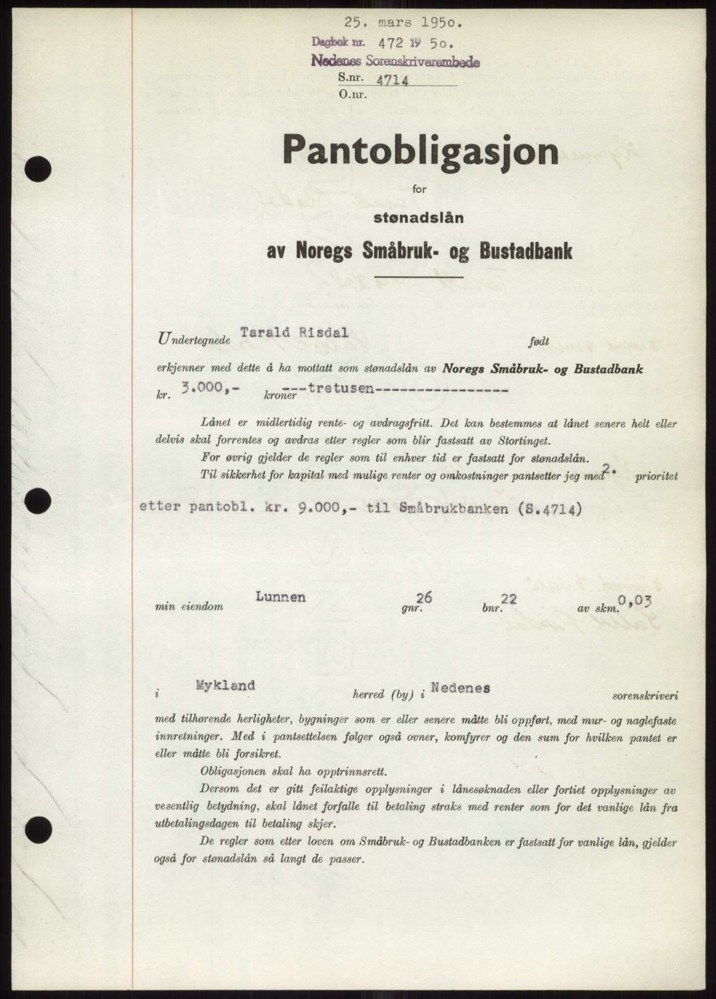 Nedenes sorenskriveri, SAK/1221-0006/G/Gb/Gbb/L0007: Pantebok nr. B7, 1949-1950, Dagboknr: 472/1950