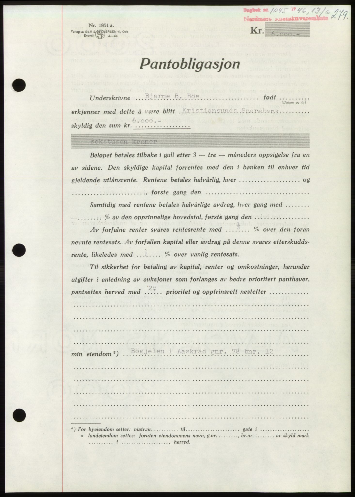 Nordmøre sorenskriveri, AV/SAT-A-4132/1/2/2Ca: Pantebok nr. B94, 1946-1946, Dagboknr: 1045/1946