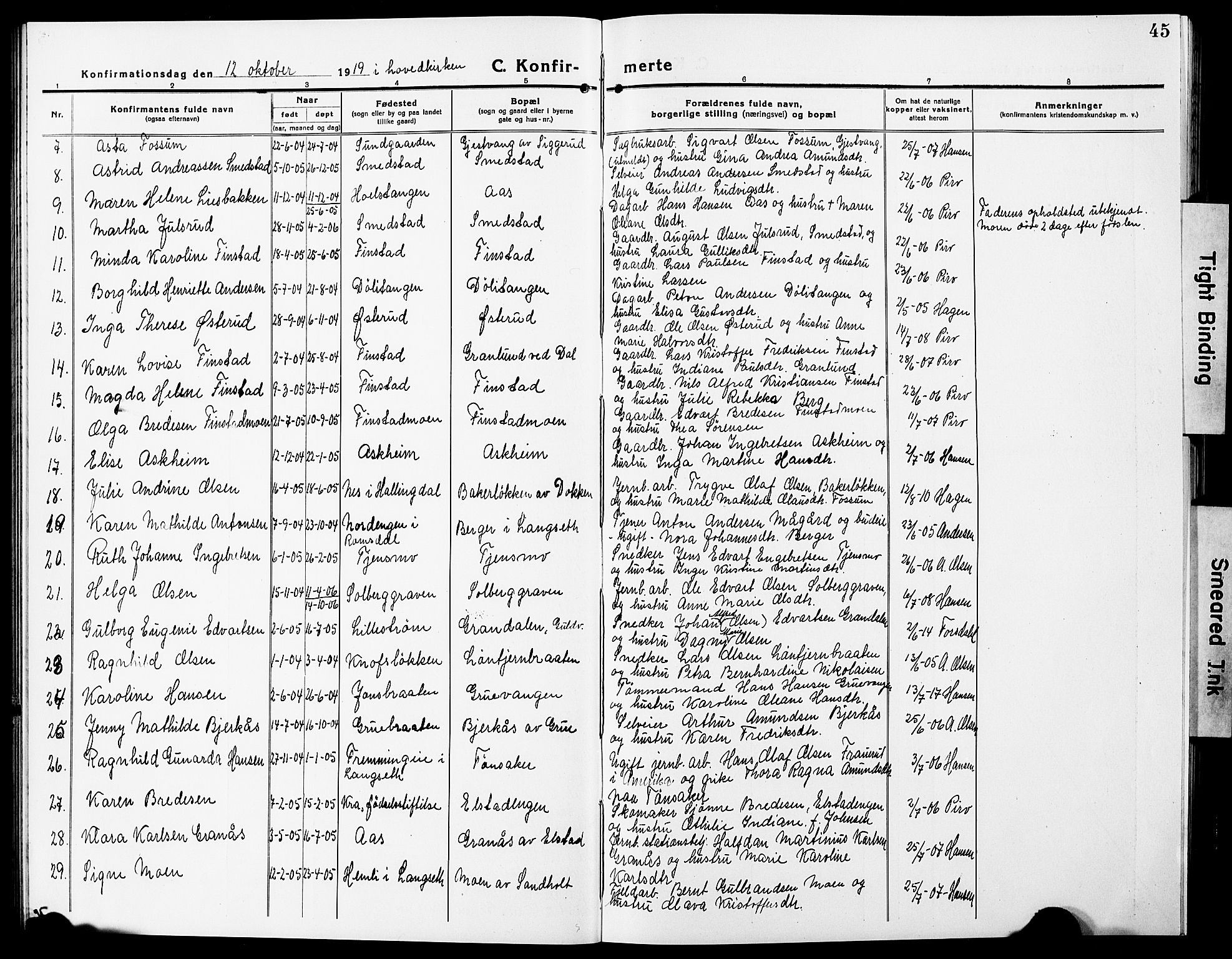 Eidsvoll prestekontor Kirkebøker, AV/SAO-A-10888/G/Ga/L0009: Klokkerbok nr. I 9, 1914-1927, s. 45