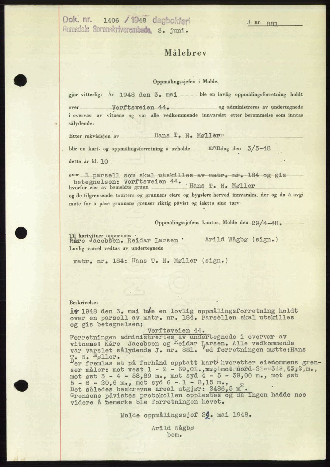 Romsdal sorenskriveri, AV/SAT-A-4149/1/2/2C: Pantebok nr. A26, 1948-1948, Dagboknr: 1406/1948